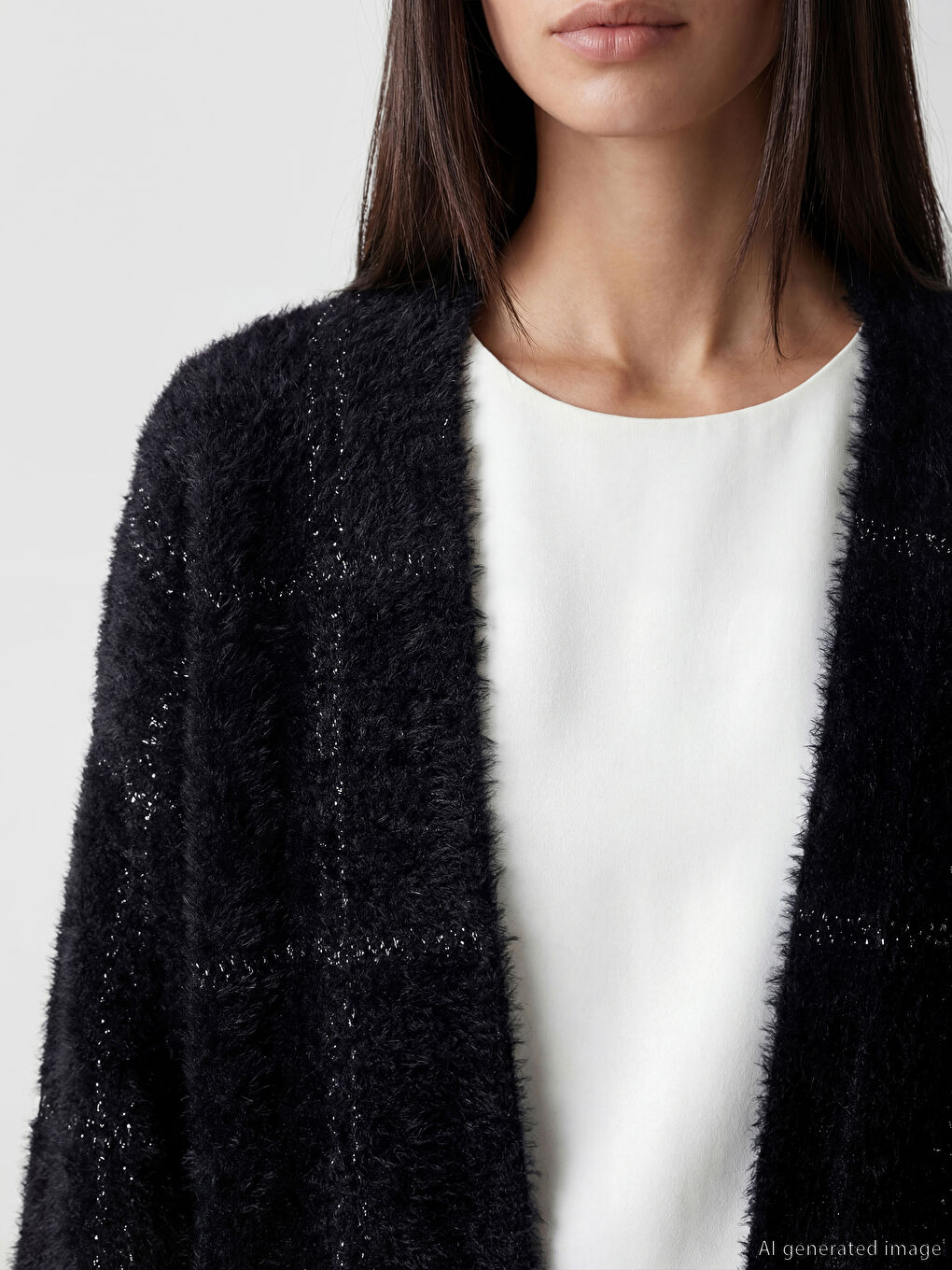 Siyah Şal Yaka Ekose Kadın Triko Pelüş Hırka-2