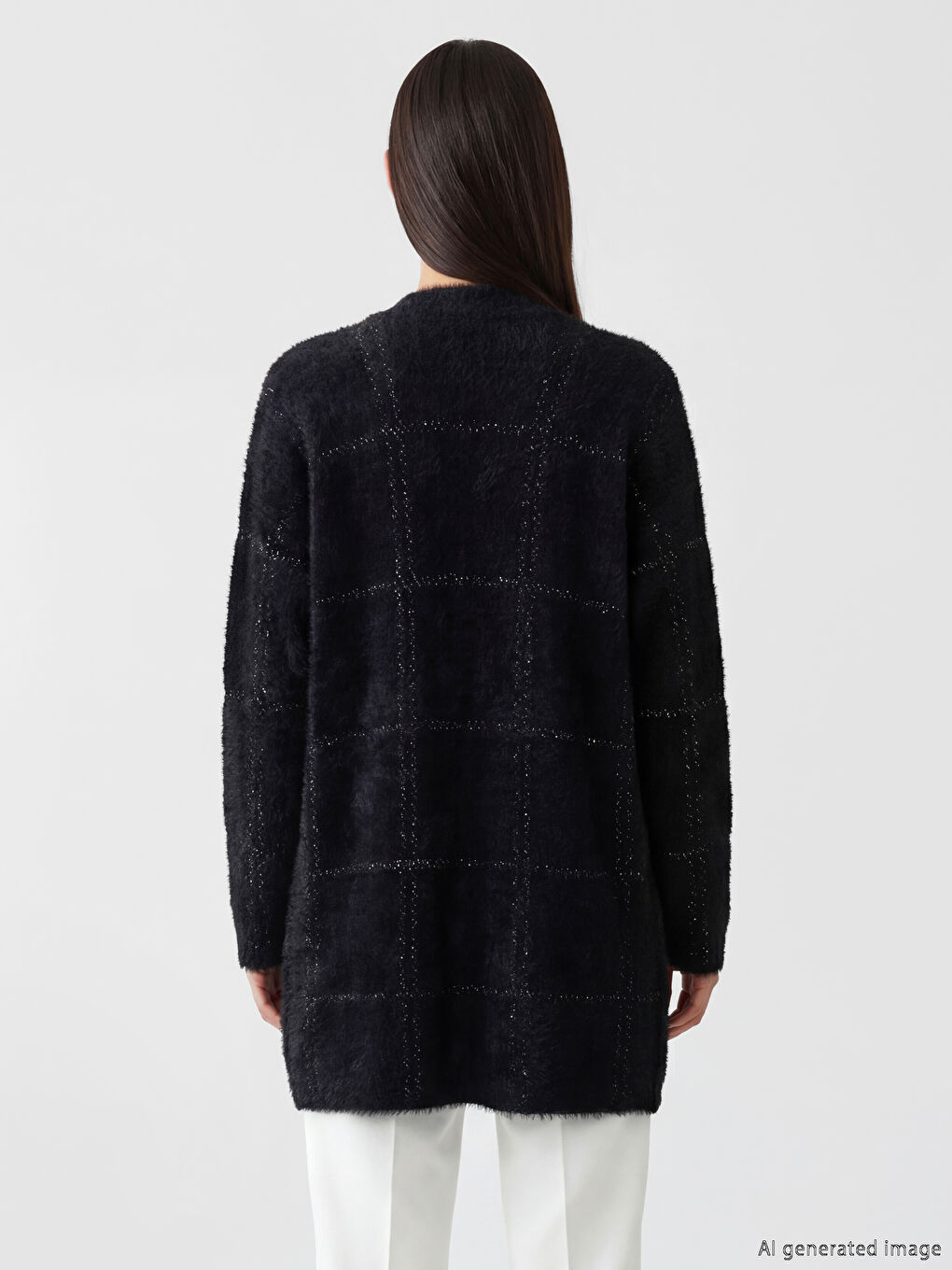 Siyah Şal Yaka Ekose Kadın Triko Pelüş Hırka-3