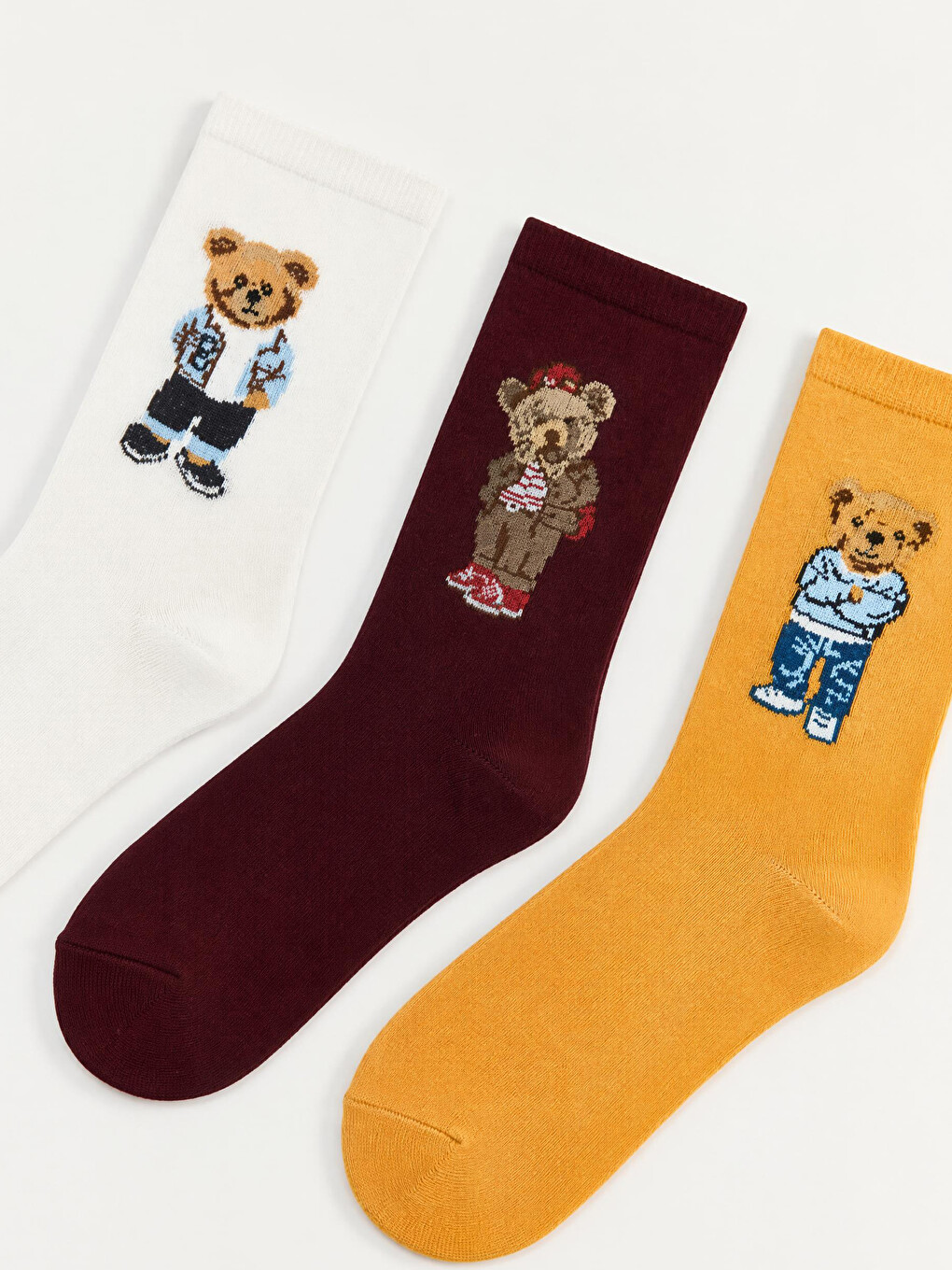 Ekru Ayı Teddy Baskılı Kadın Soket Çorap 5'li-4
