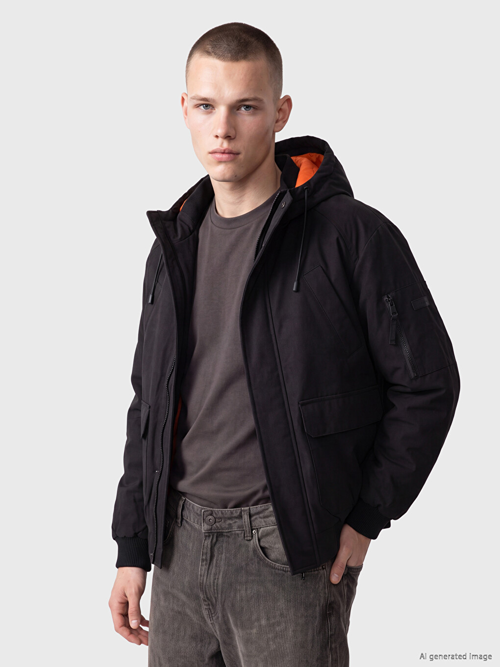Relaxed Fit Hooded Men's Gabardine Puffer Coat