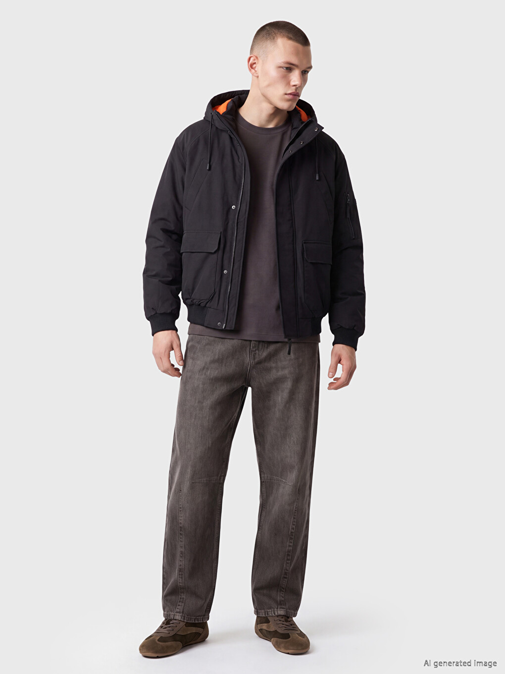 Relaxed Fit Hooded Men's Gabardine Puffer Coat-1