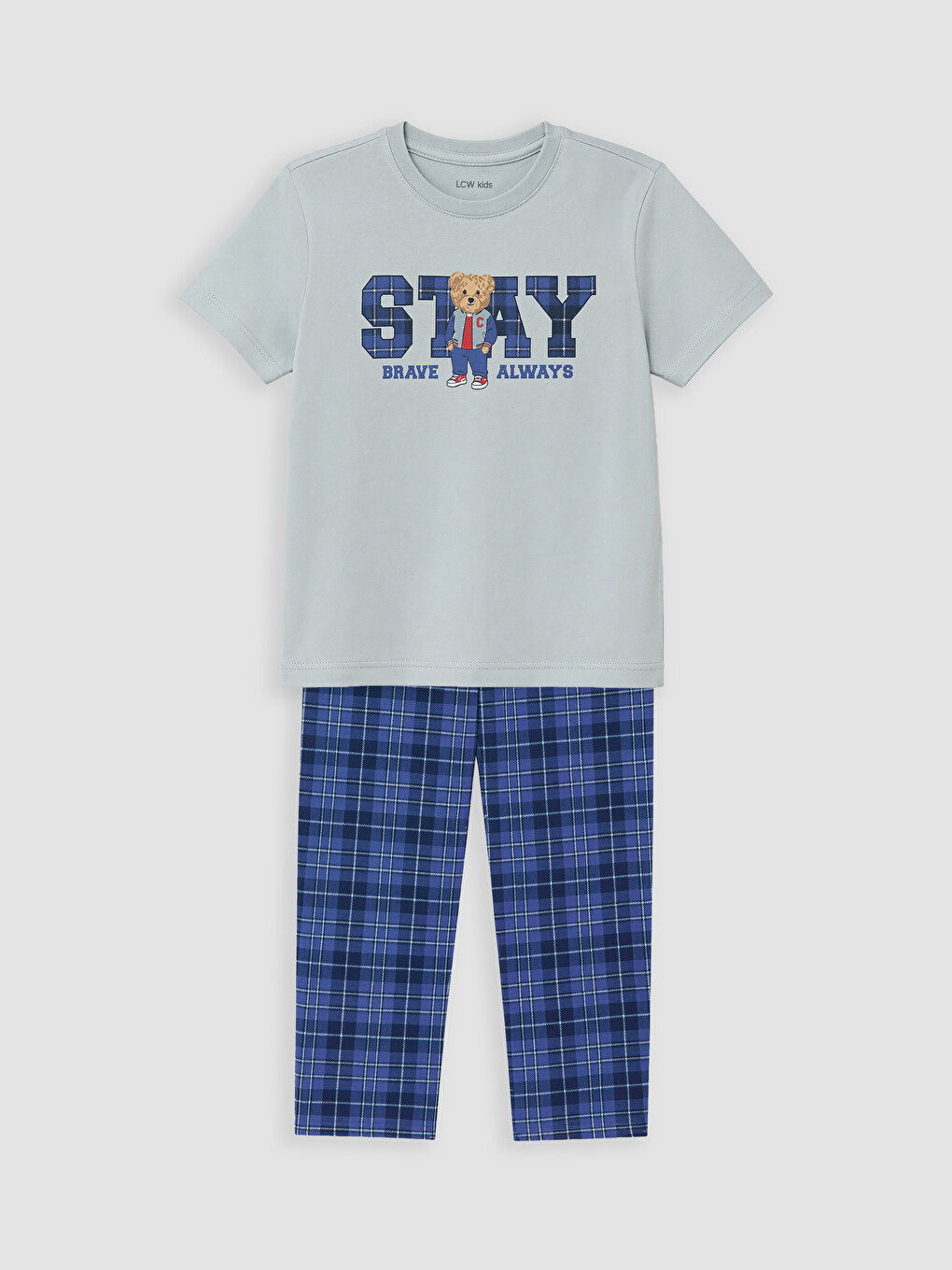 Gri Bisiklet Yaka Baskılı Erkek Çocuk Pijama Takım