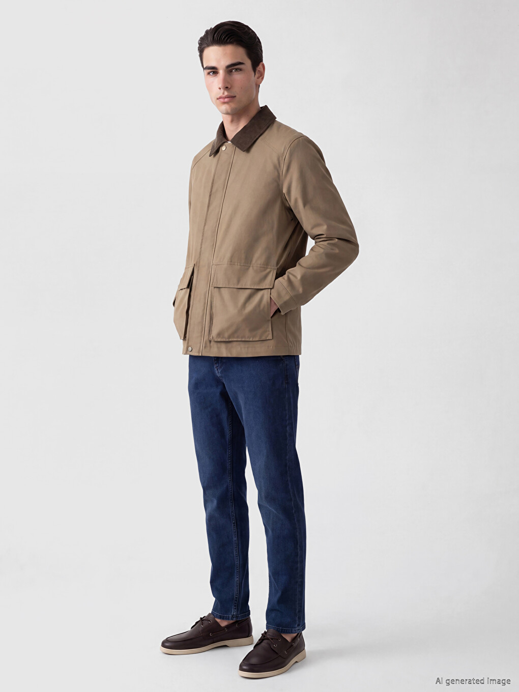 Bej Regular Fit Kontrast Yaka Erkek Mont-1