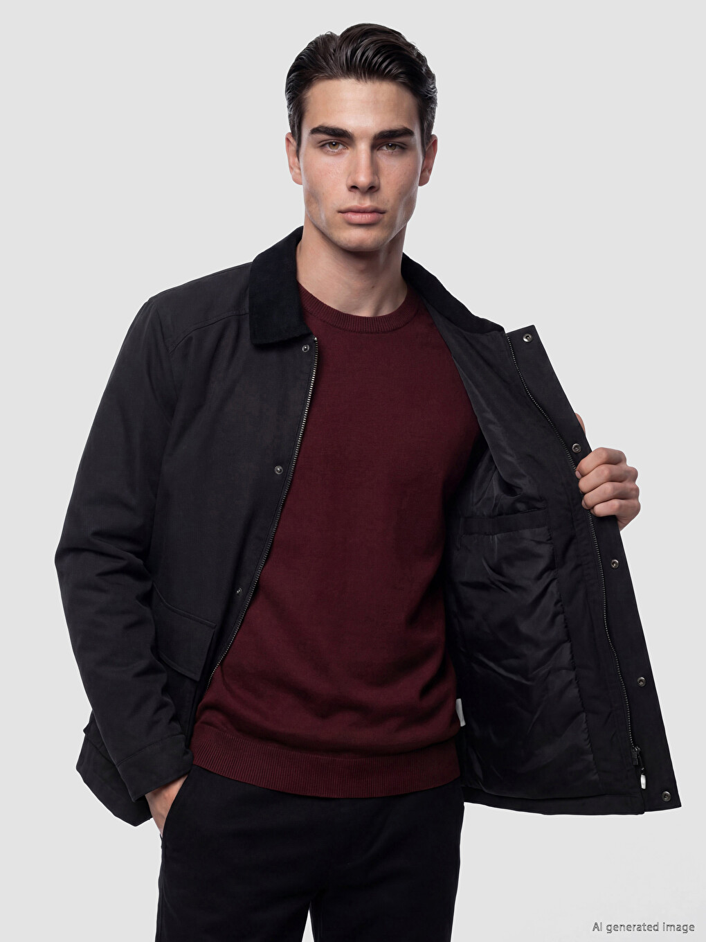 Siyah Regular Fit Kontrast Yaka Erkek Mont-2