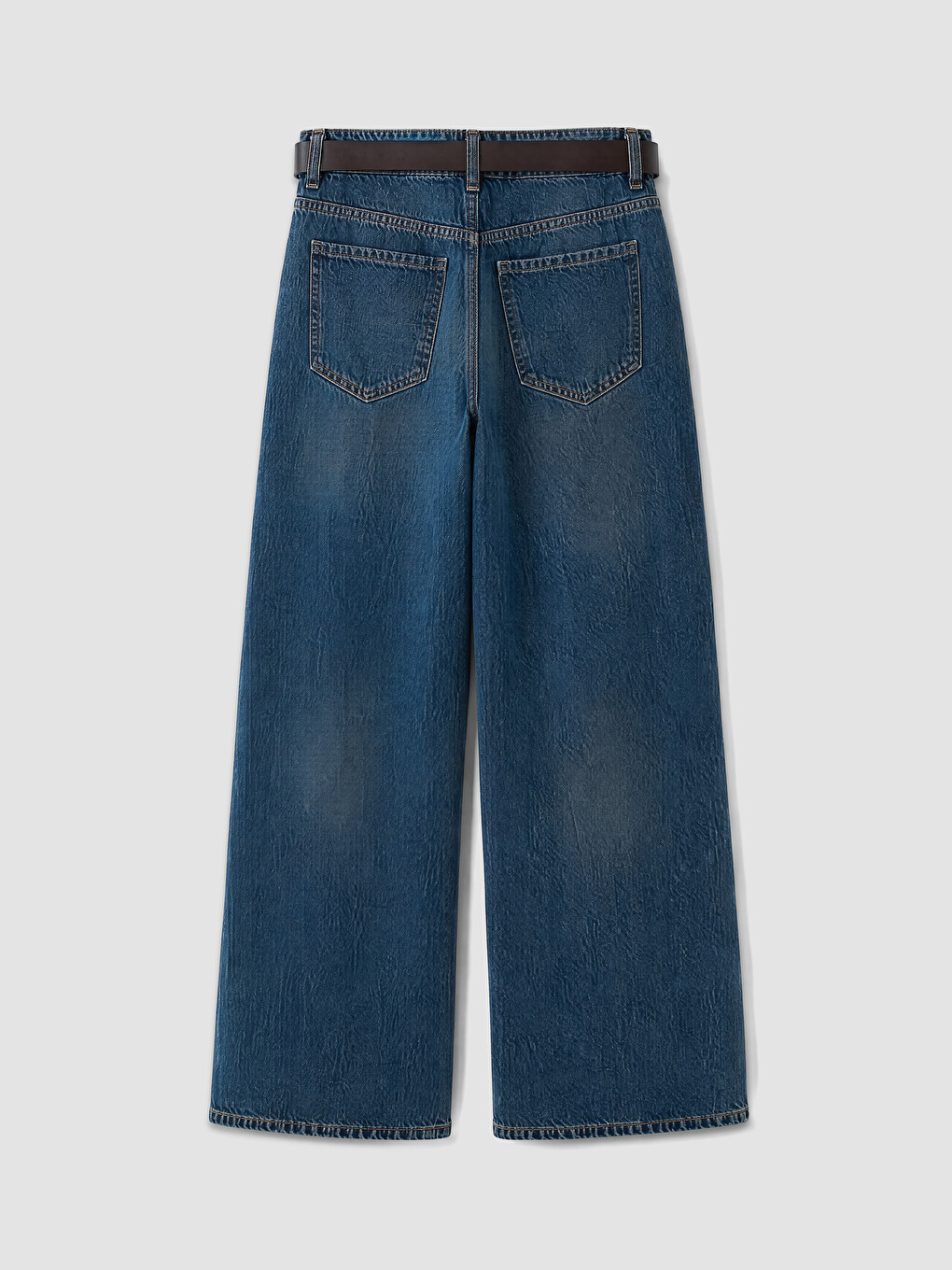 İndigo Beli Kemerli Wideleg Kadın Jean Pantolon-1