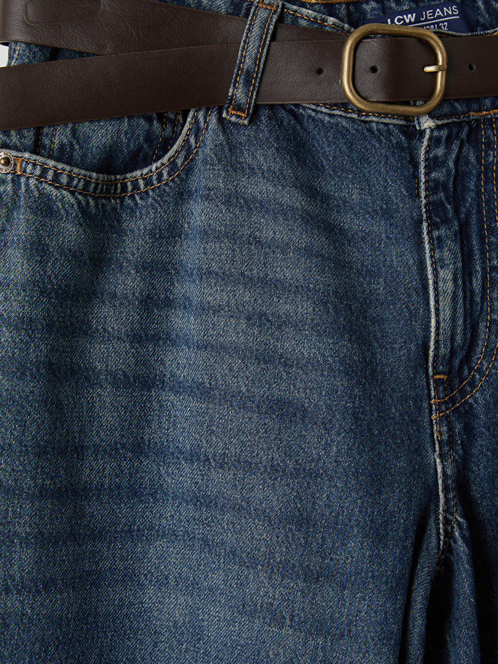 İndigo Beli Kemerli Wideleg Kadın Jean Pantolon-2