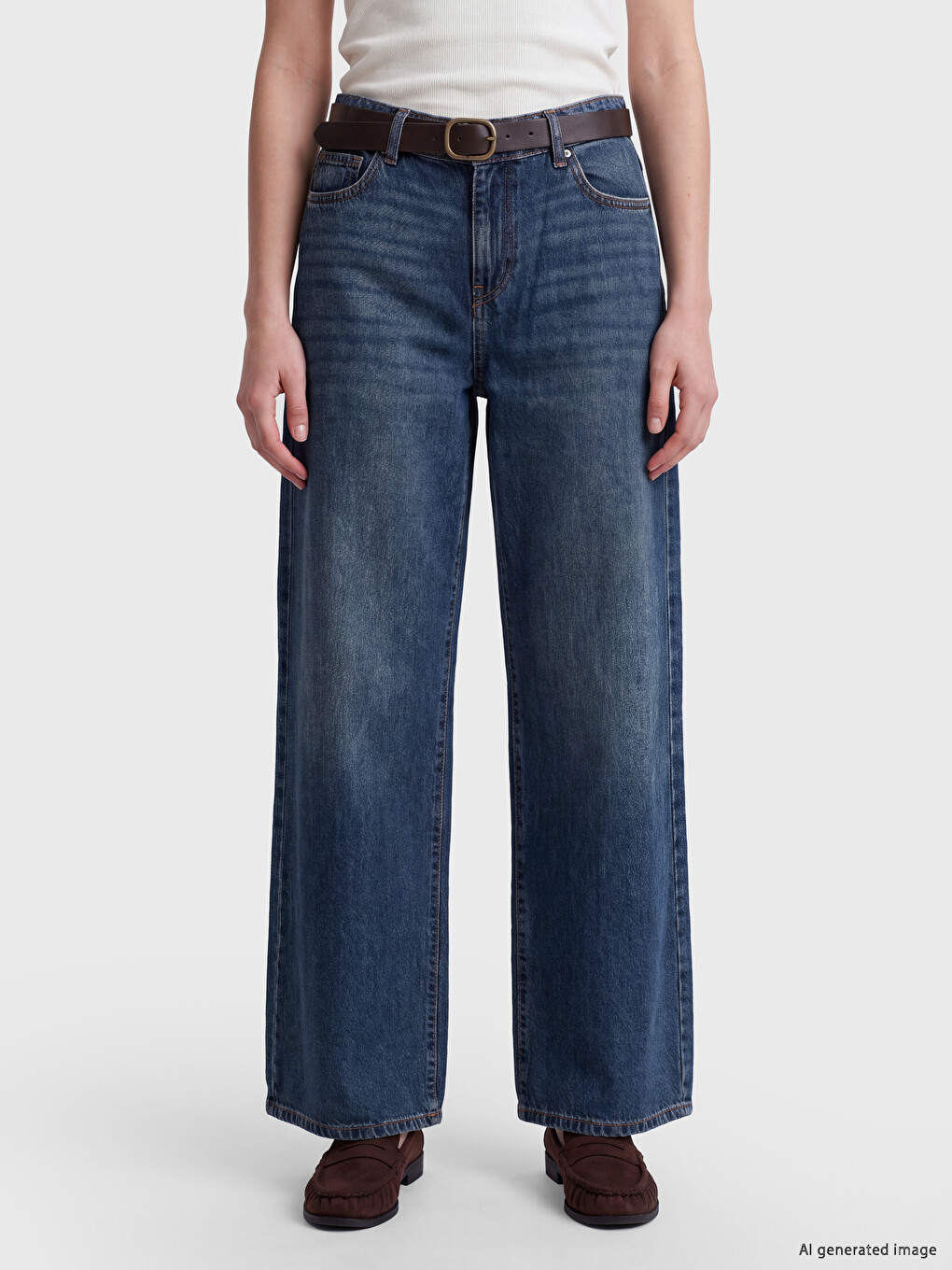 İndigo Beli Kemerli Wideleg Kadın Jean Pantolon-1