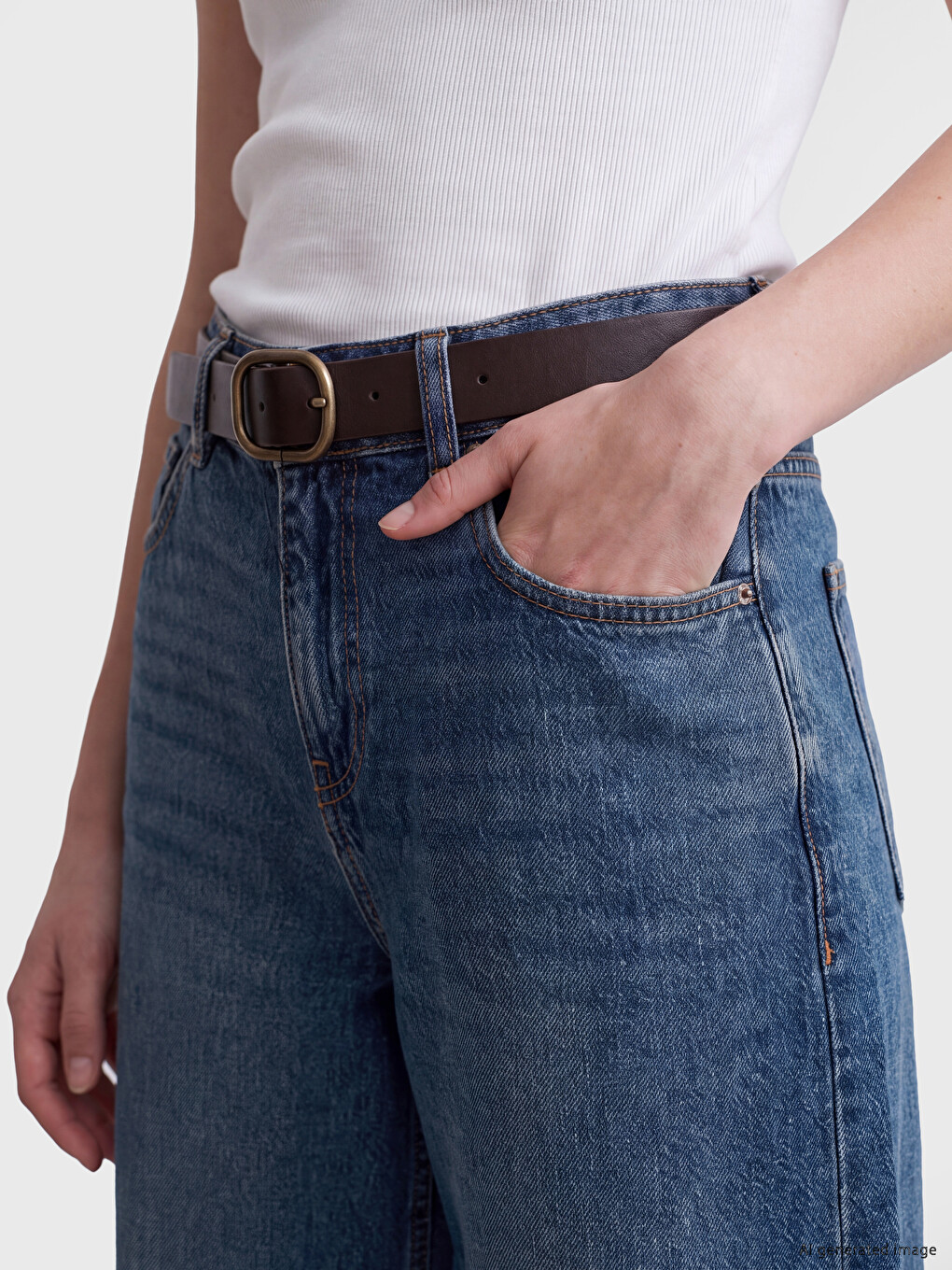 İndigo Beli Kemerli Wideleg Kadın Jean Pantolon-2