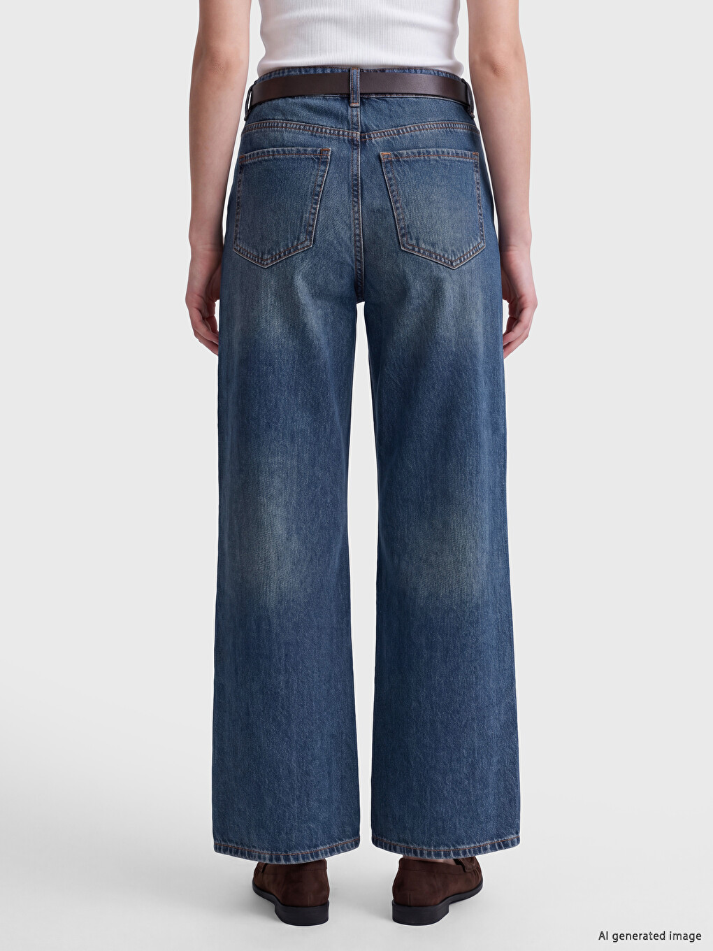 İndigo Beli Kemerli Wideleg Kadın Jean Pantolon-3