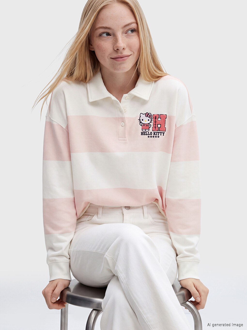 Hello Kitty Baskılı Kadın Çizgili Sweatshirt-1