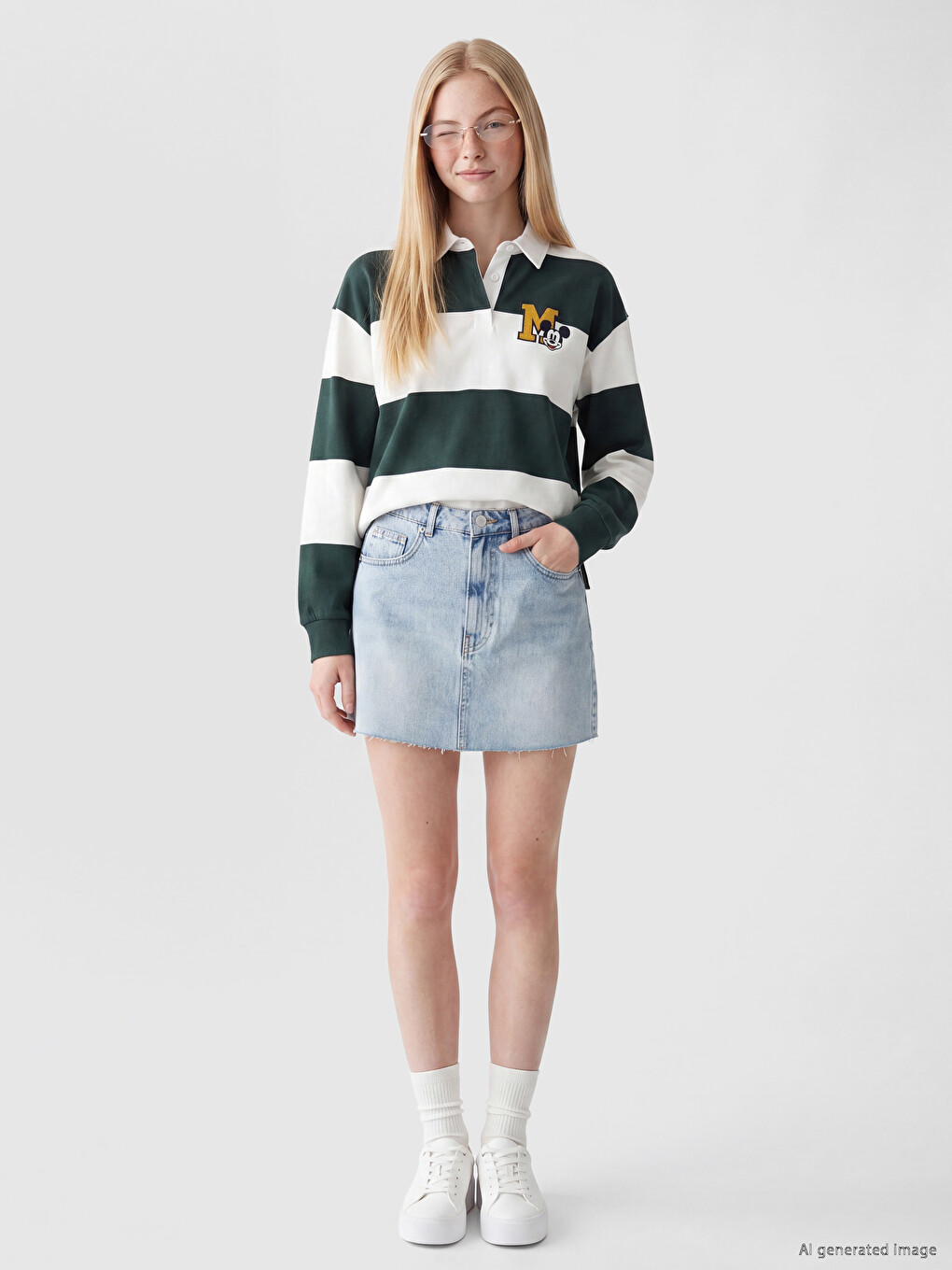 Polo Yaka Mickey Mouse Nakışlı Kadın Sweatshirt-1