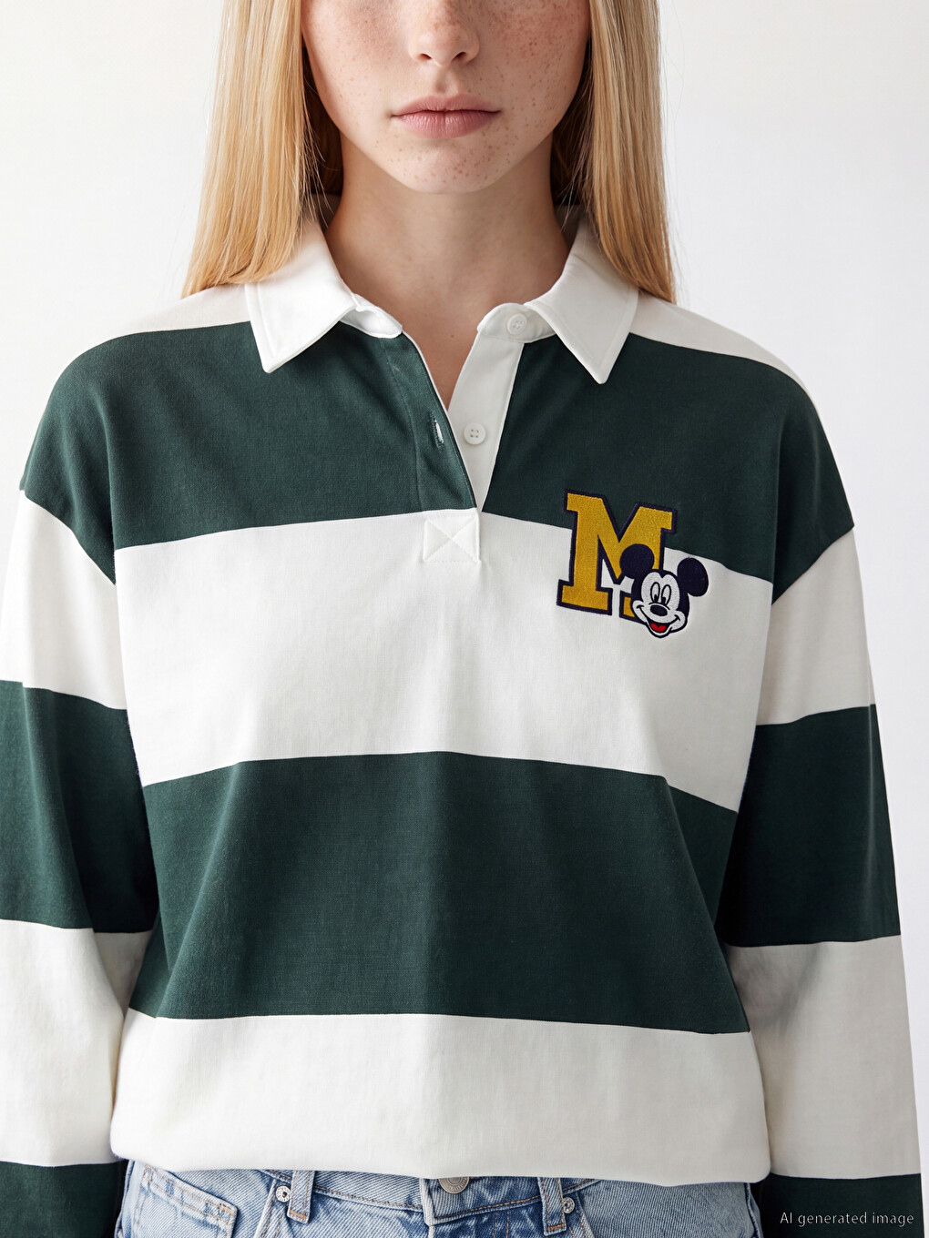 Polo Yaka Mickey Mouse Nakışlı Kadın Sweatshirt-2