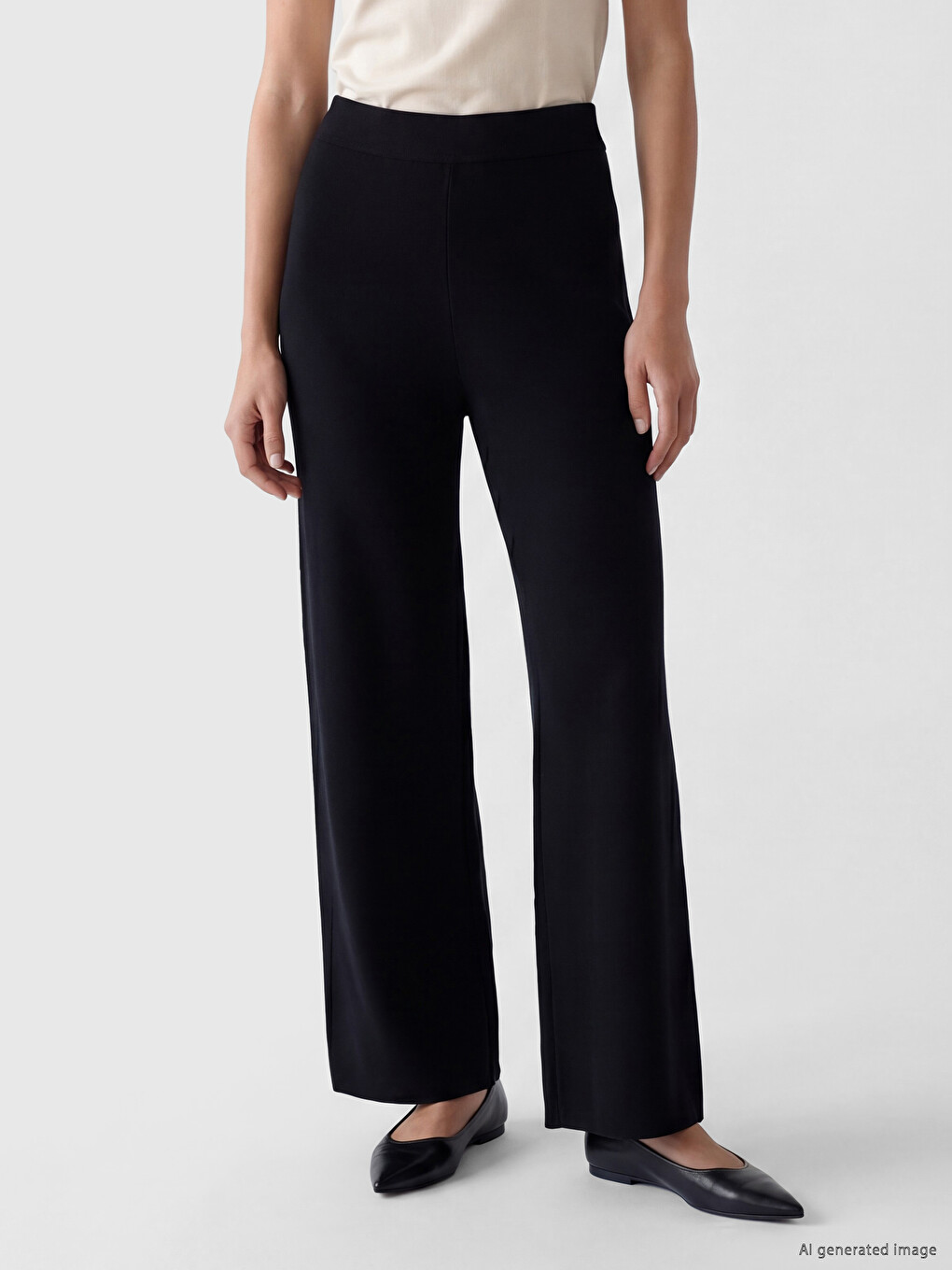 Siyah Beli Lastikli Geniş Paça Kadın Triko Pantolon-1