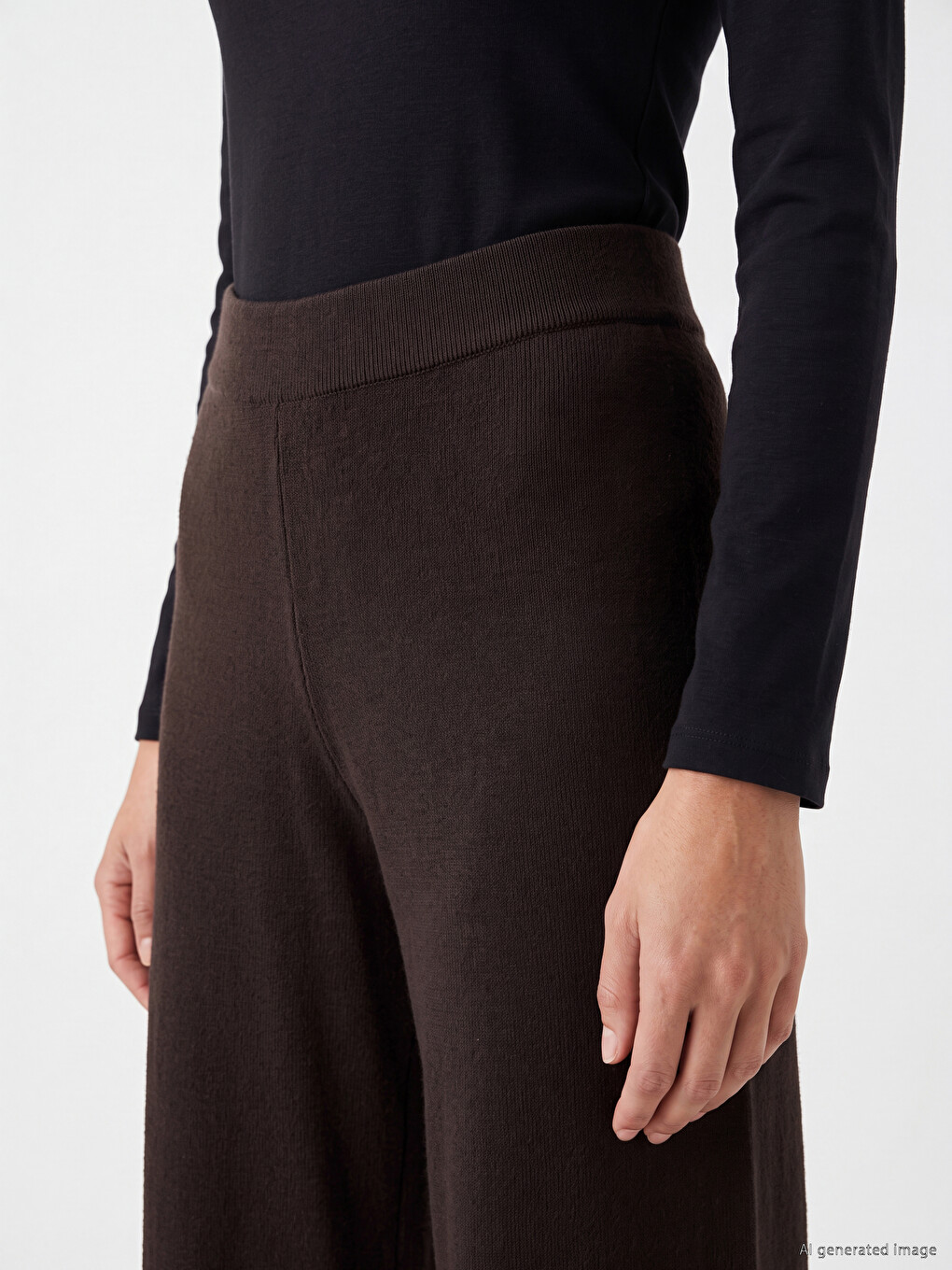 Kahverengi Beli Lastikli Geniş Paça Kadın Triko Pantolon-2