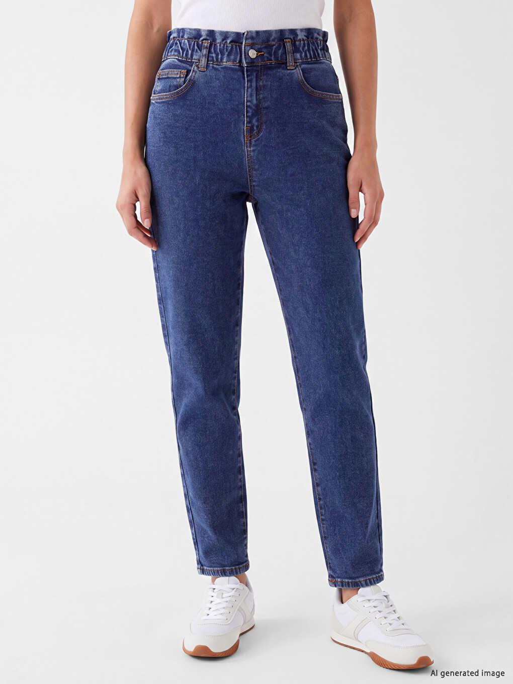 İndigo Beli Lastikli Slim Mom Jean-1