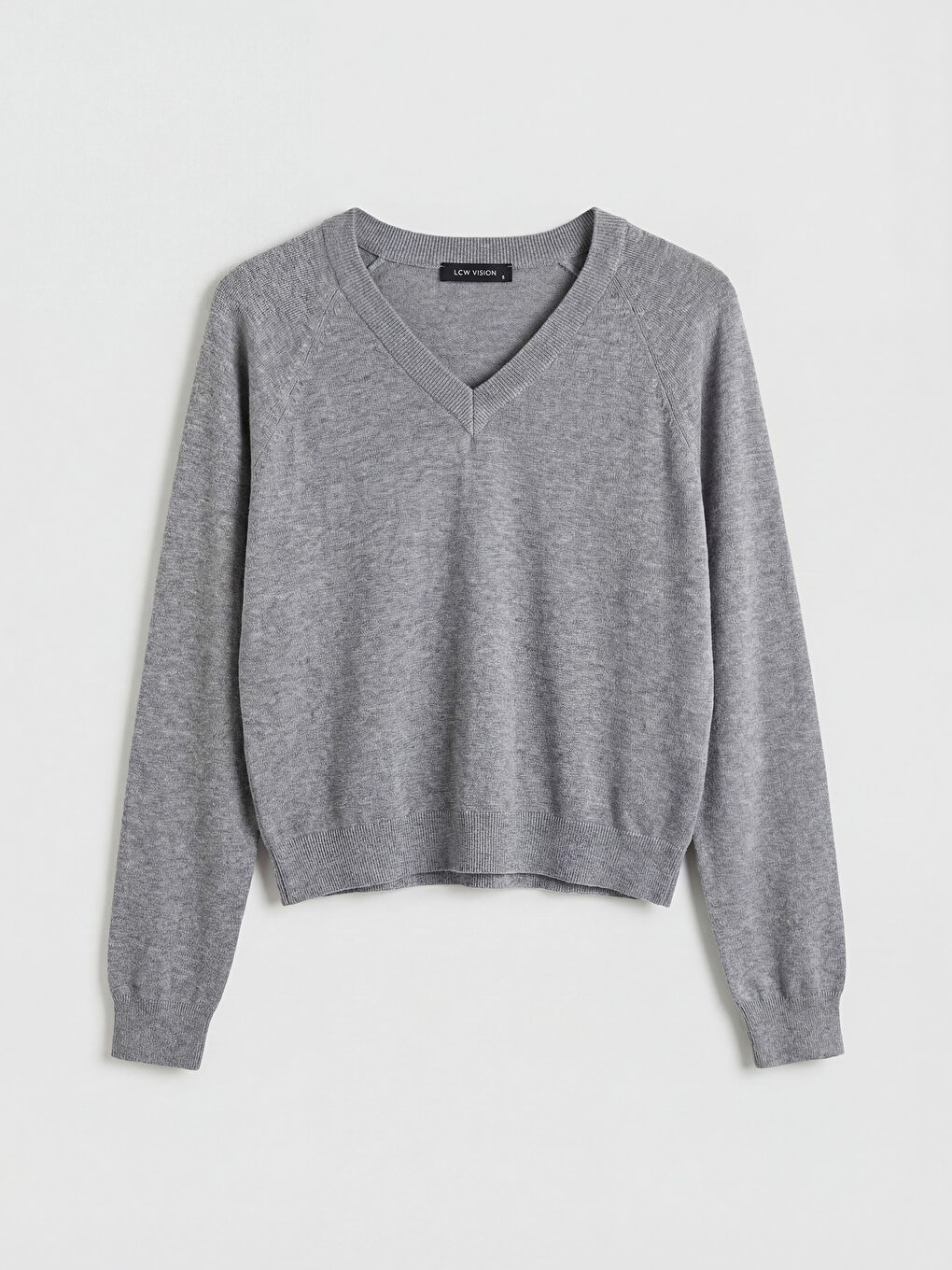 Gri V Yaka Kadın Triko Kazak-4