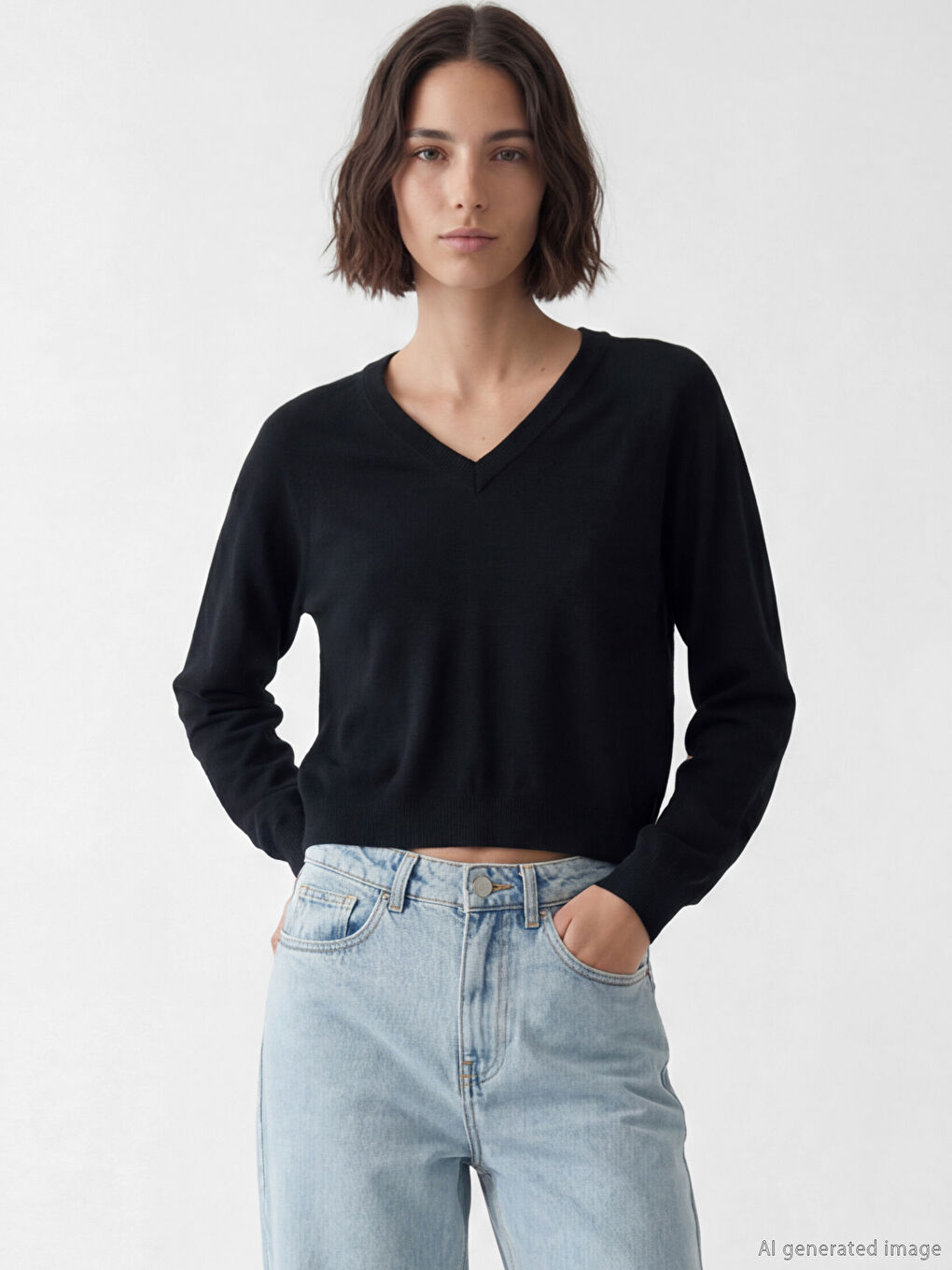 Siyah V Yaka Kadın Triko Kazak