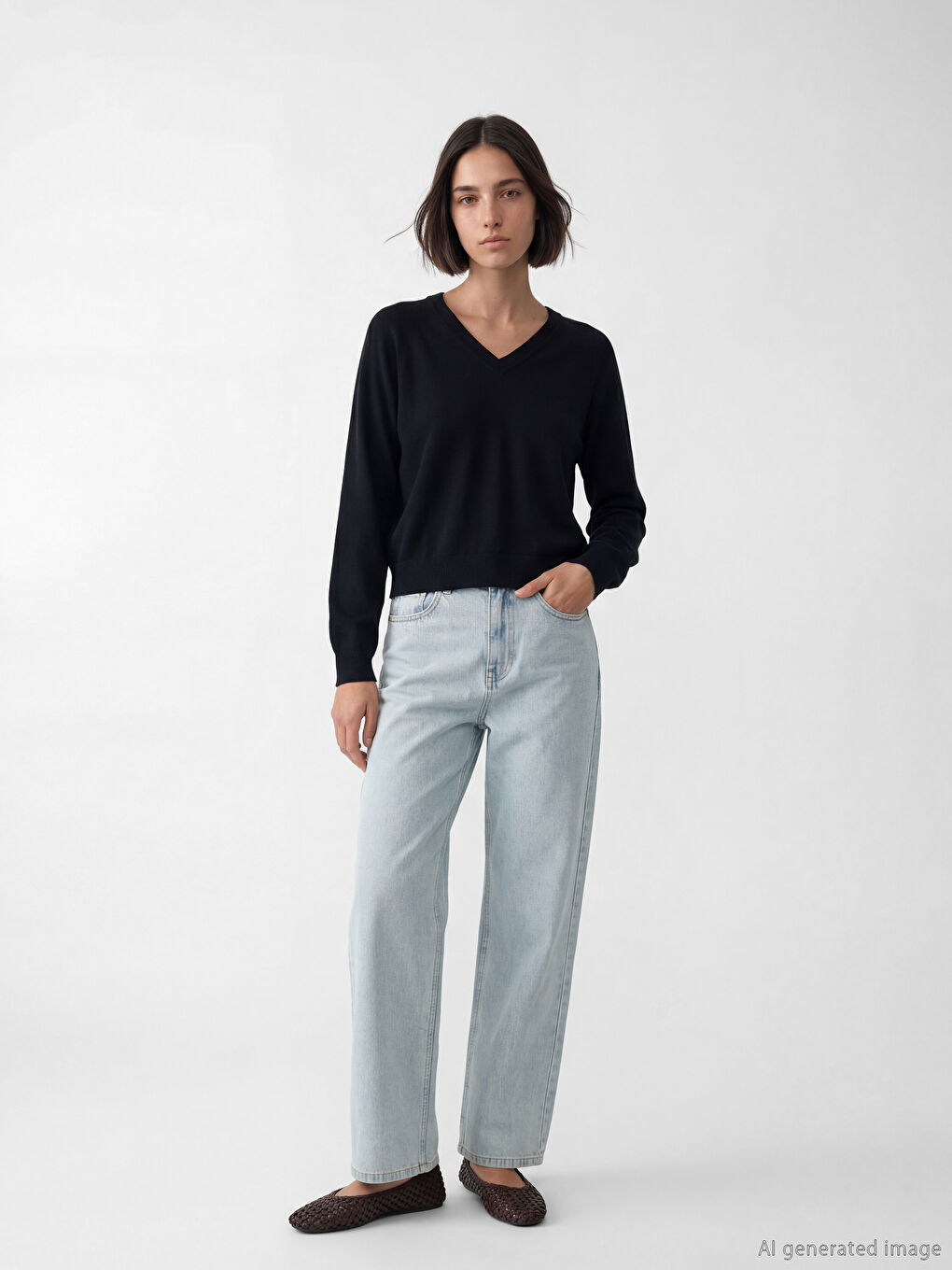 Siyah V Yaka Kadın Triko Kazak-1