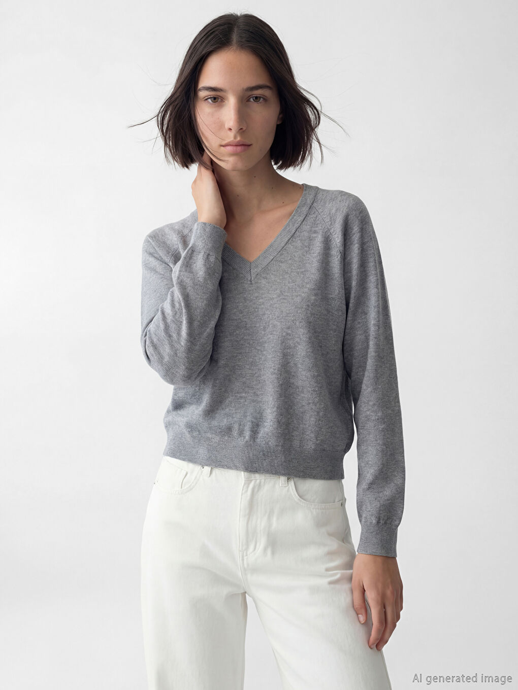 Gri V Yaka Kadın Triko Kazak