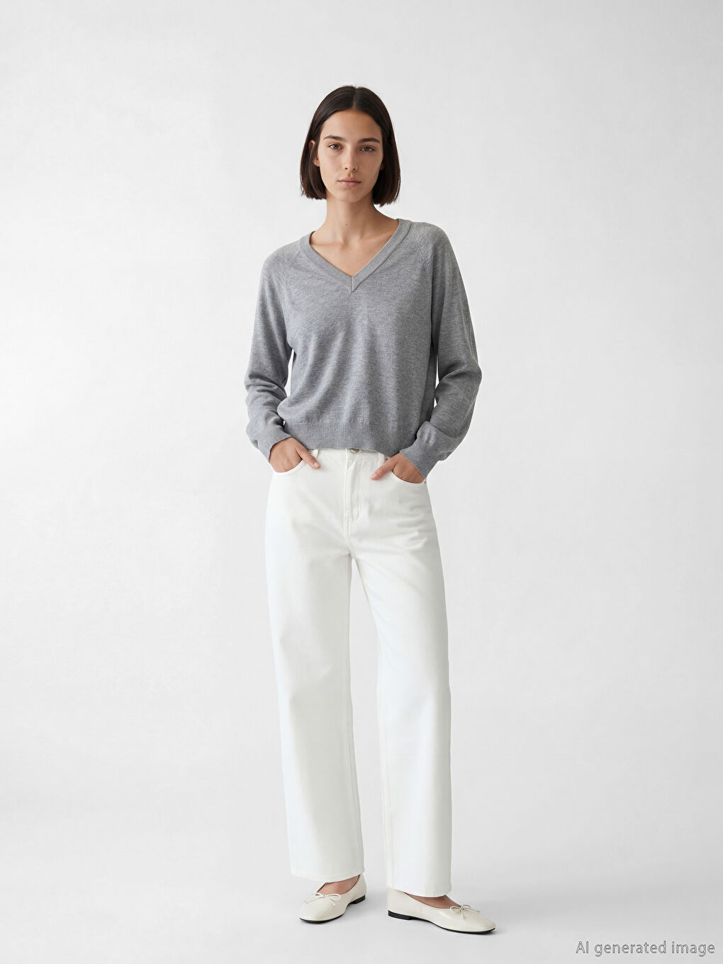 Gri V Yaka Kadın Triko Kazak-1