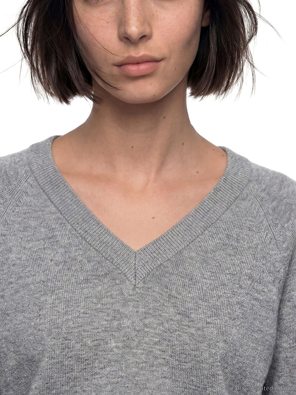 Gri V Yaka Kadın Triko Kazak-2