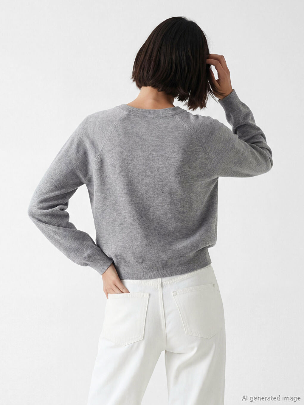 Gri V Yaka Kadın Triko Kazak-3