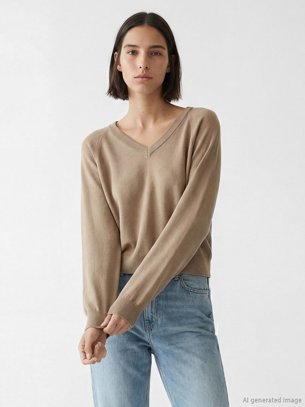 Bej V Yaka Kadın Triko Kazak