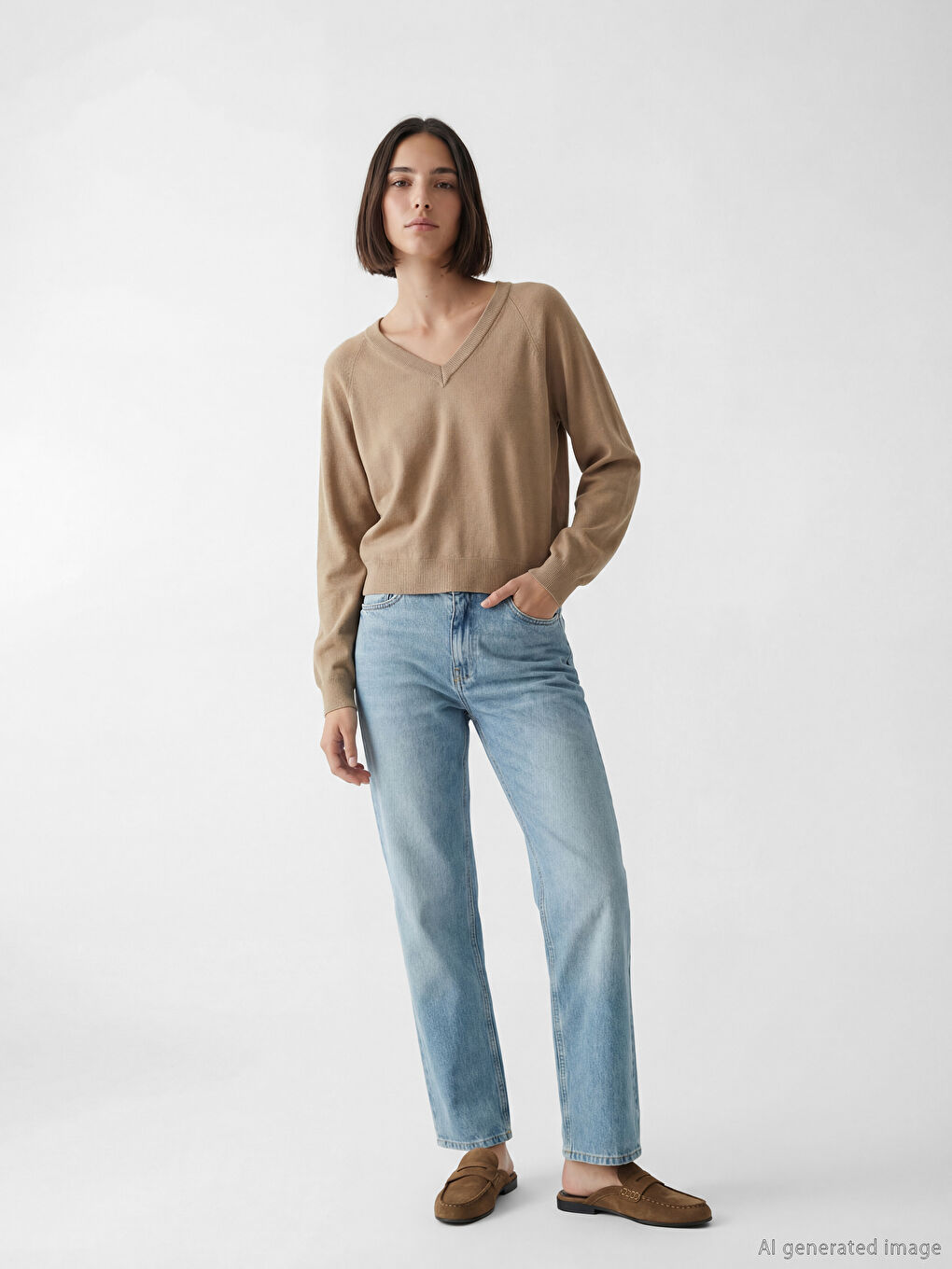 Bej V Yaka Kadın Triko Kazak-1