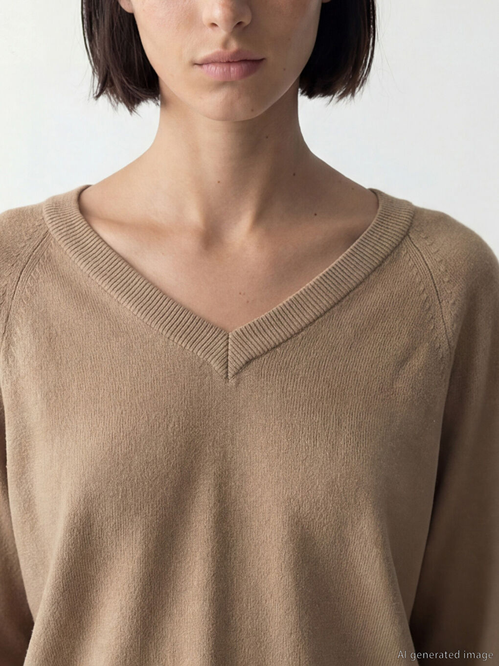 Bej V Yaka Kadın Triko Kazak-2