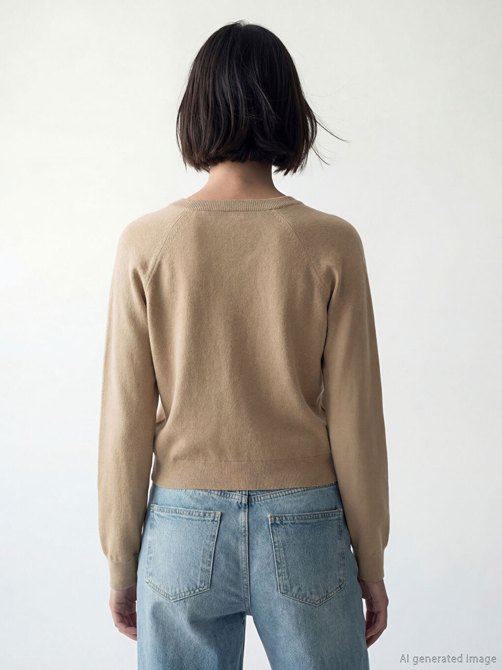 Bej V Yaka Kadın Triko Kazak-3