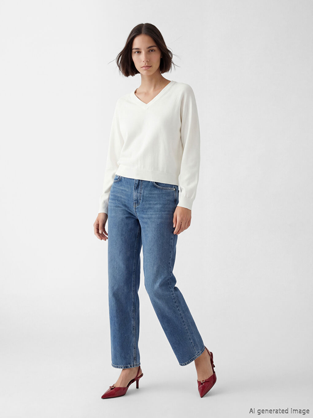 Ekru V Yaka Kadın Triko Kazak-1