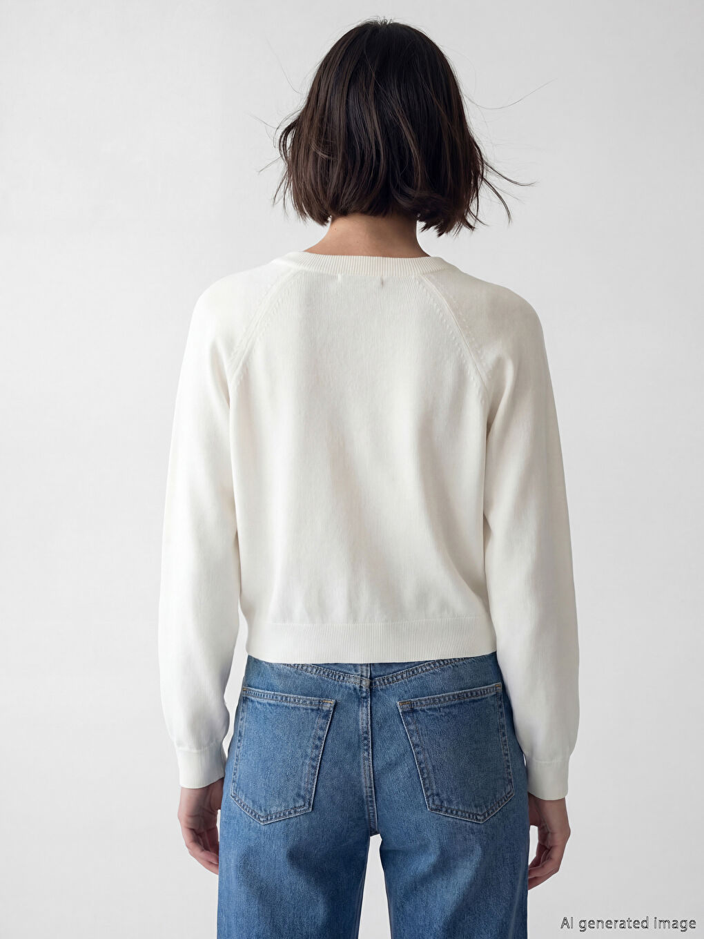 Ekru V Yaka Kadın Triko Kazak-2