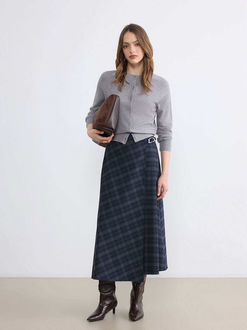 Gri Bisiklet Yaka Kadın Triko Hırka-1