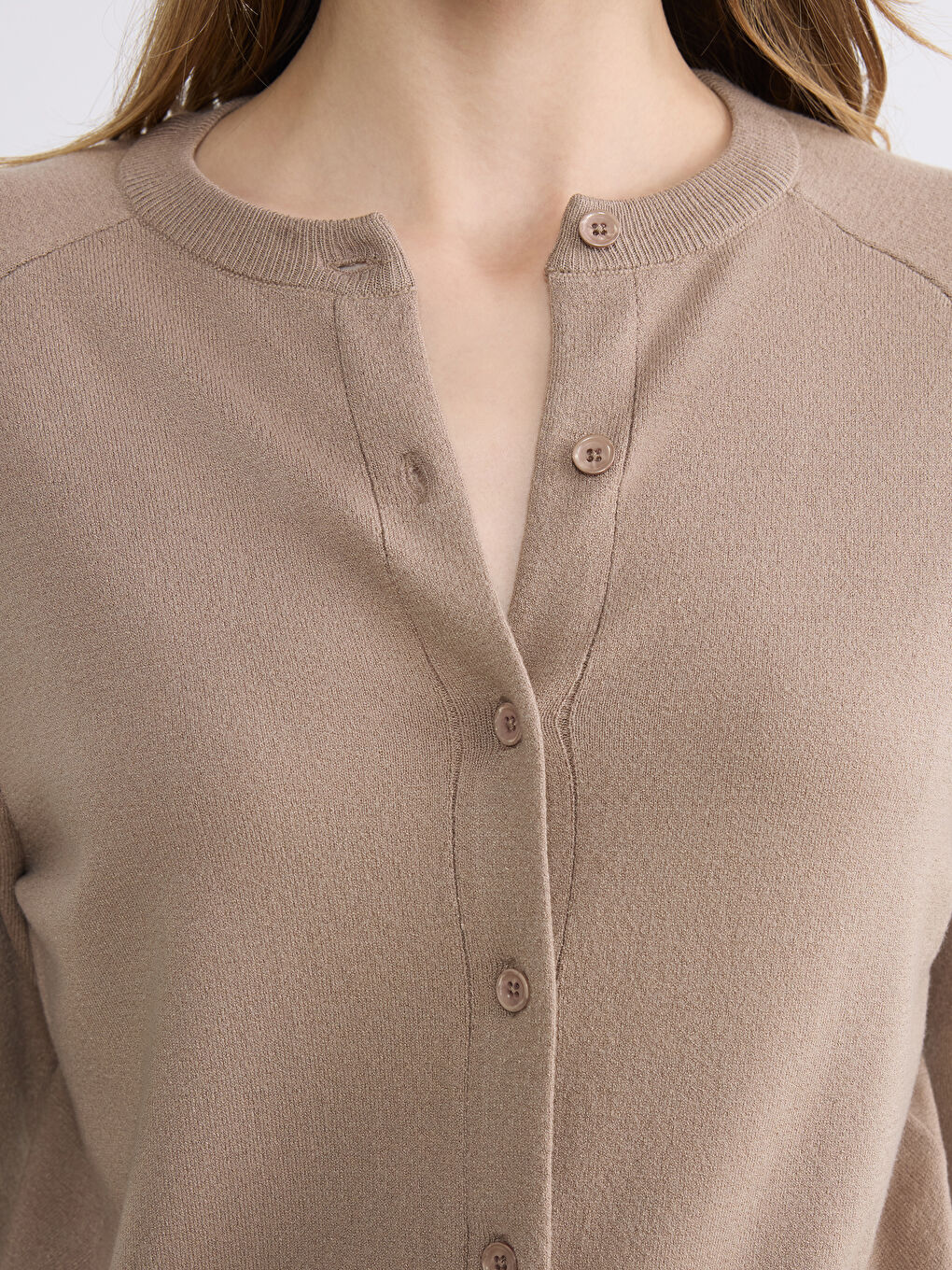 Bej Bisiklet Yaka Kadın Triko Hırka-2