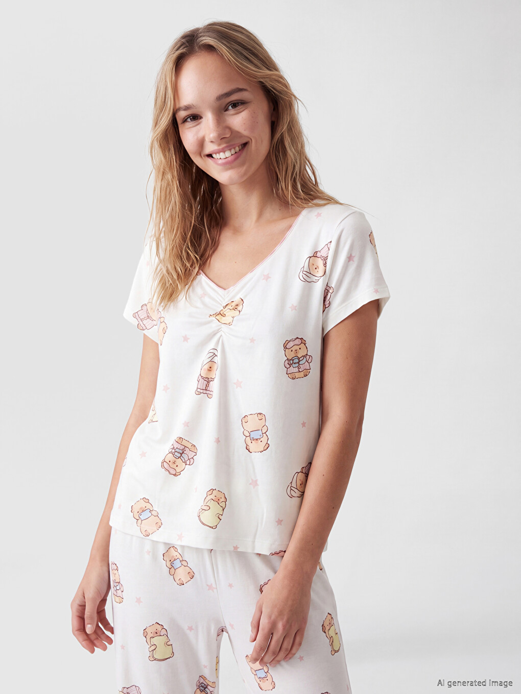 V Neck Teddy Bear Printed Women's Pyjamas Set-1