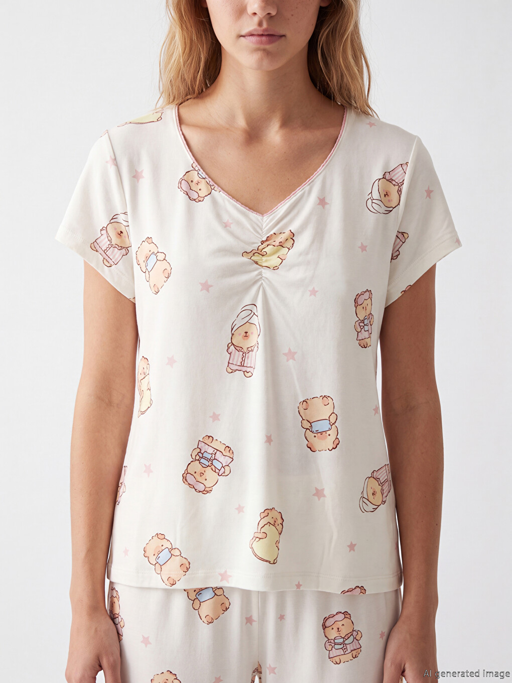 V Neck Teddy Bear Printed Women's Pyjamas Set-2