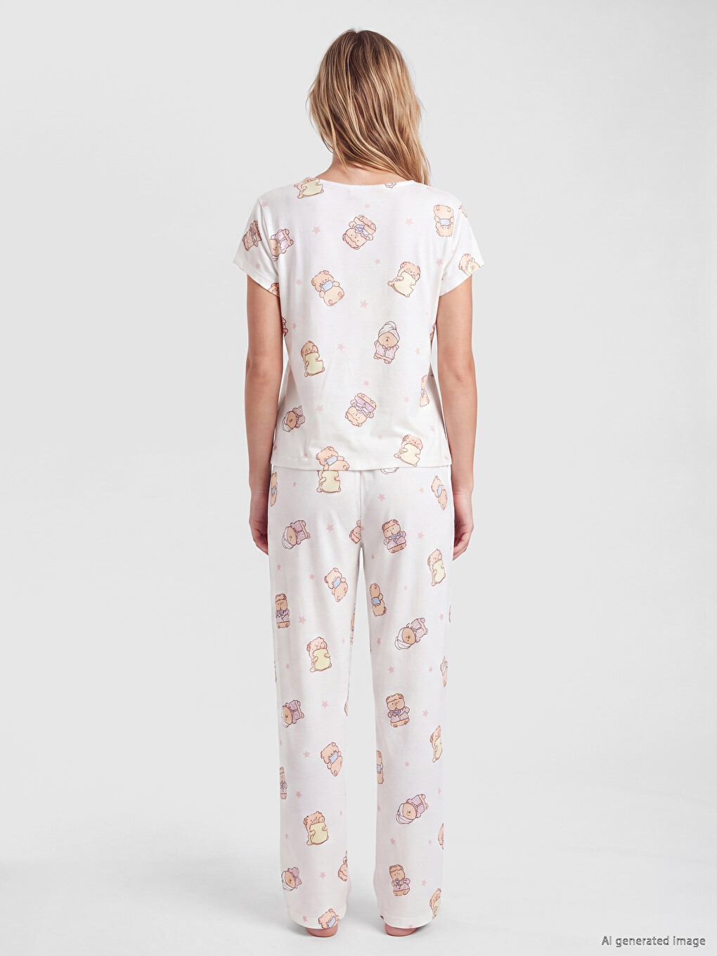 V Neck Teddy Bear Printed Women's Pyjamas Set-3