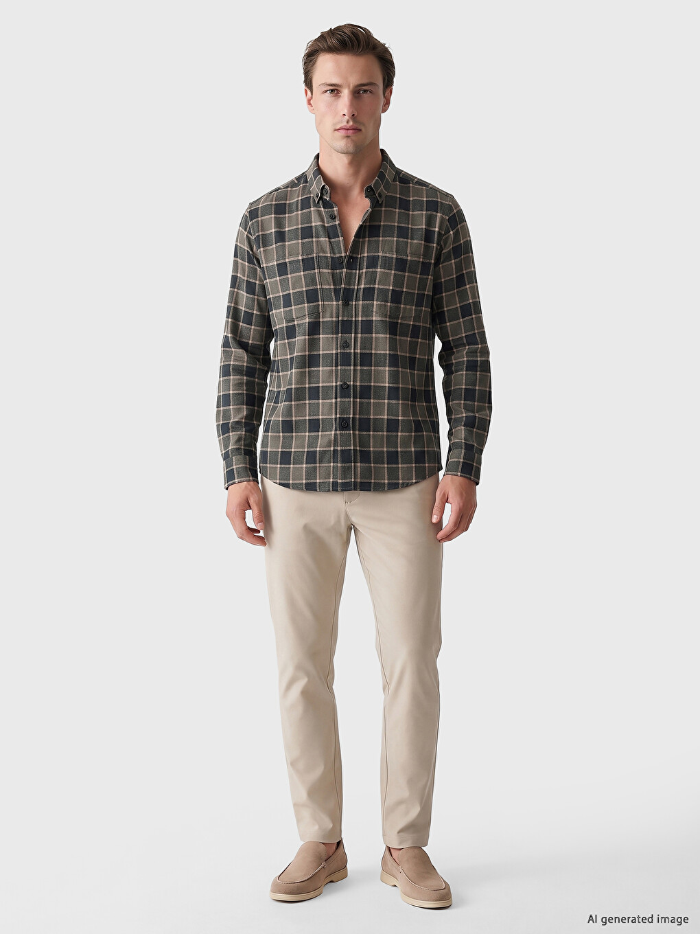 Yeşil Regular Fit Ekose Gabardin Erkek Gömlek-1
