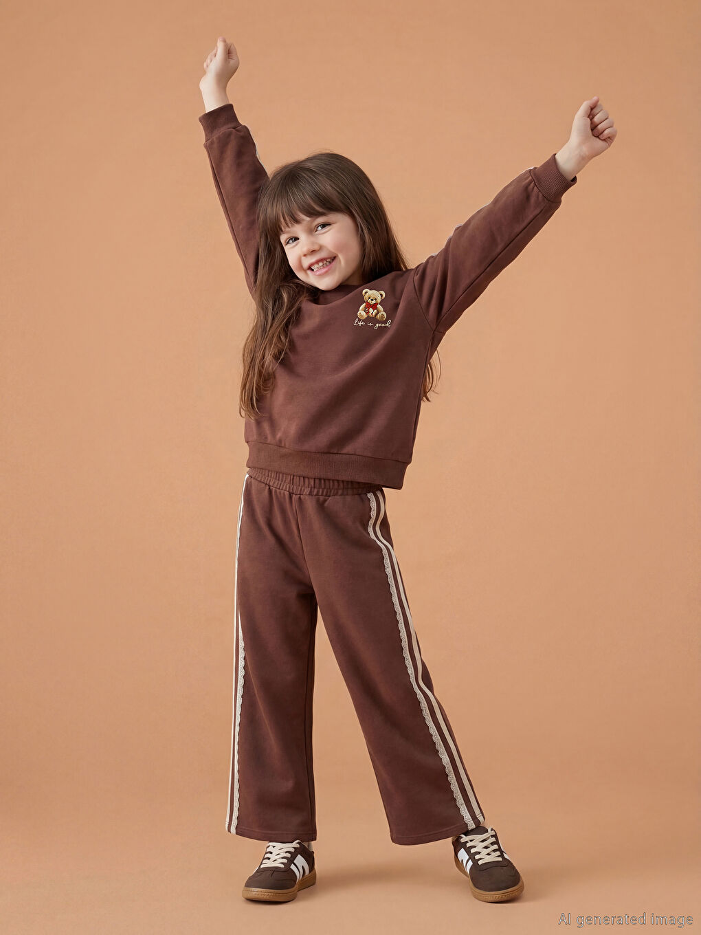 Kahverengi Ayı Teddy Baskılı Kız Çocuk Eşofman Takımı