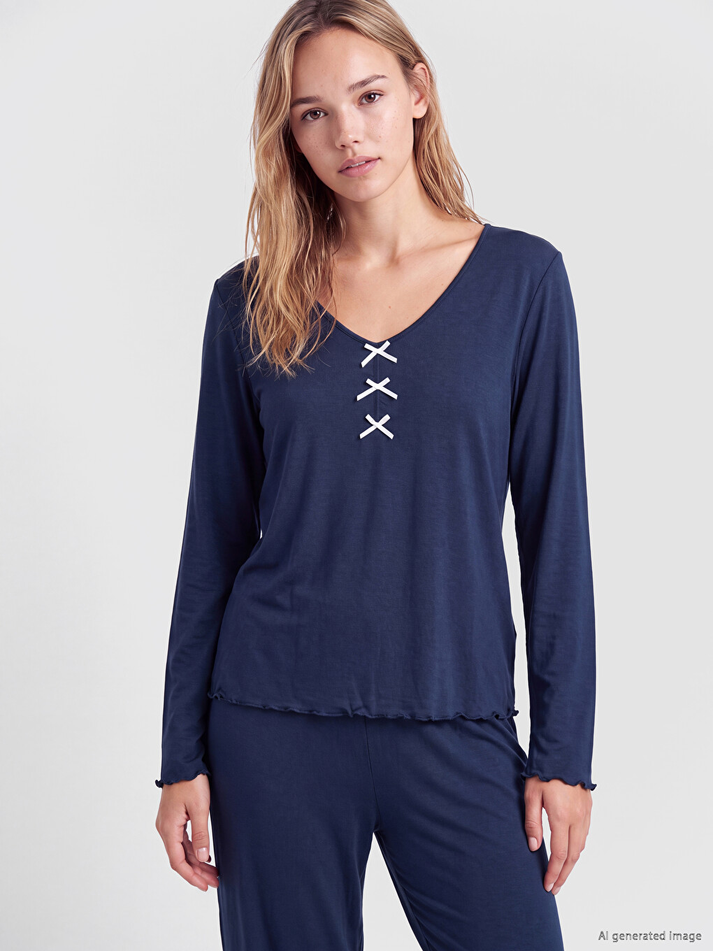 İndigo V Yaka Kadın Pijama Takımı-1