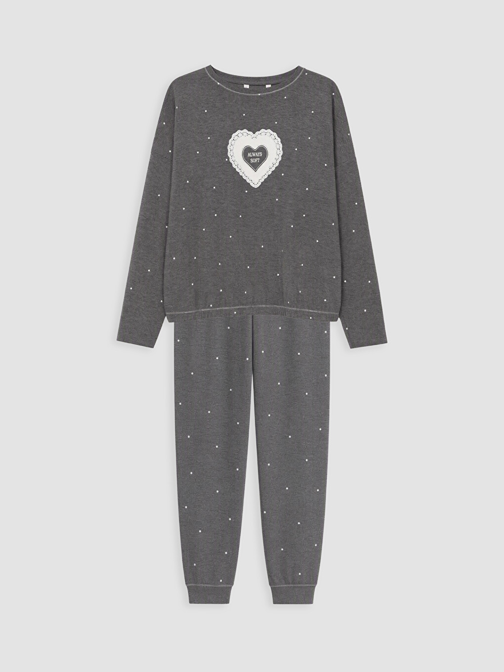 Gri Bisiklet Yaka Baskılı Kadın Pijama Takım-4