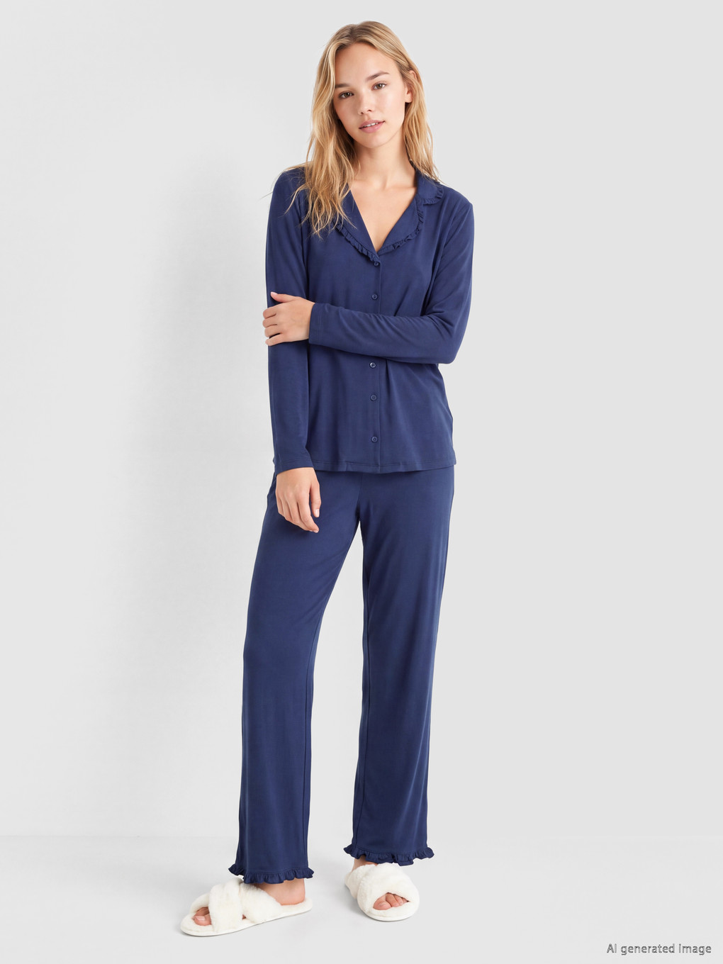 İndigo Gömlek Yaka Kadın Pijama Takım-1