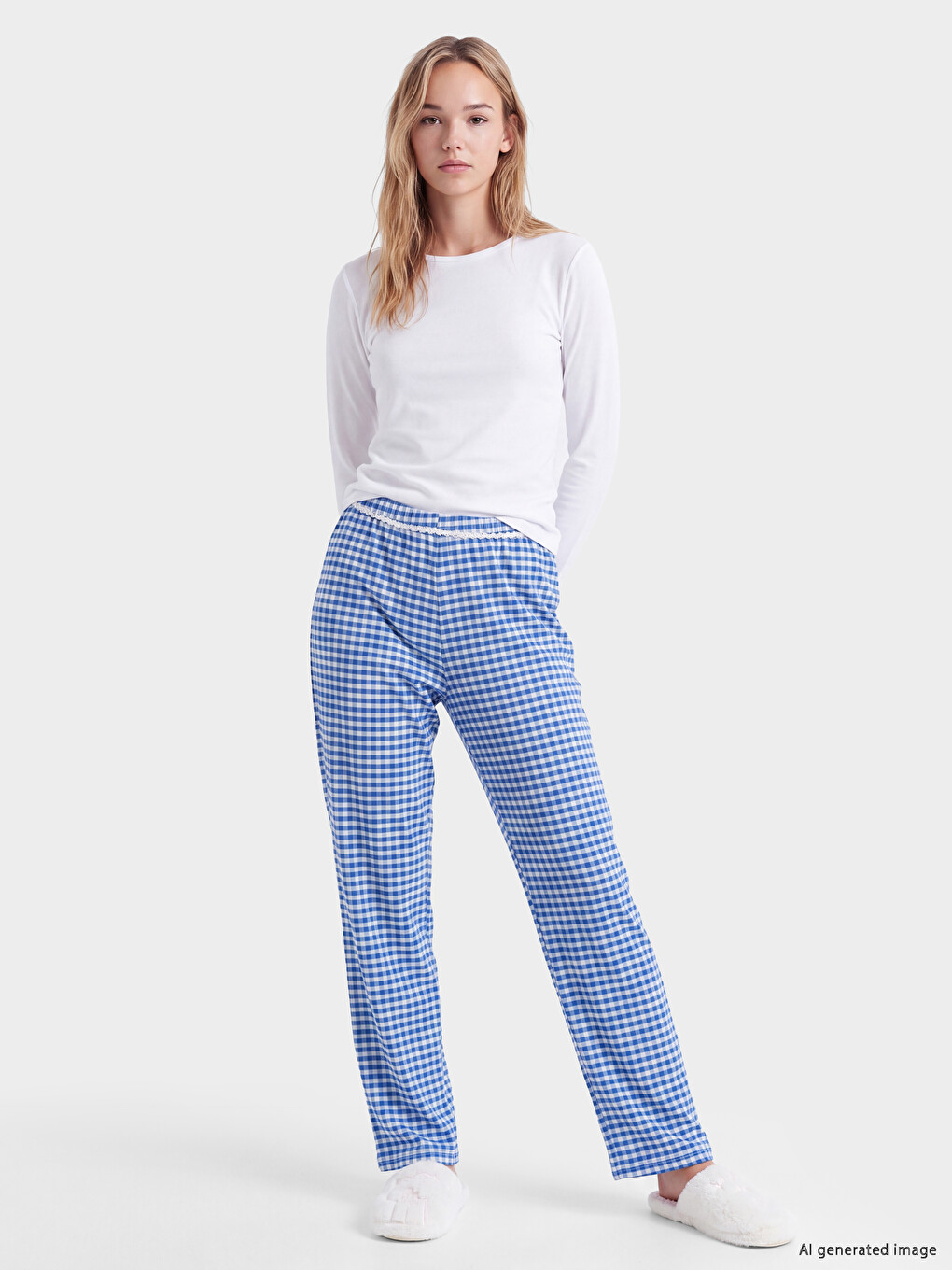 Lacivert Ekose Kadın Pijama Alt