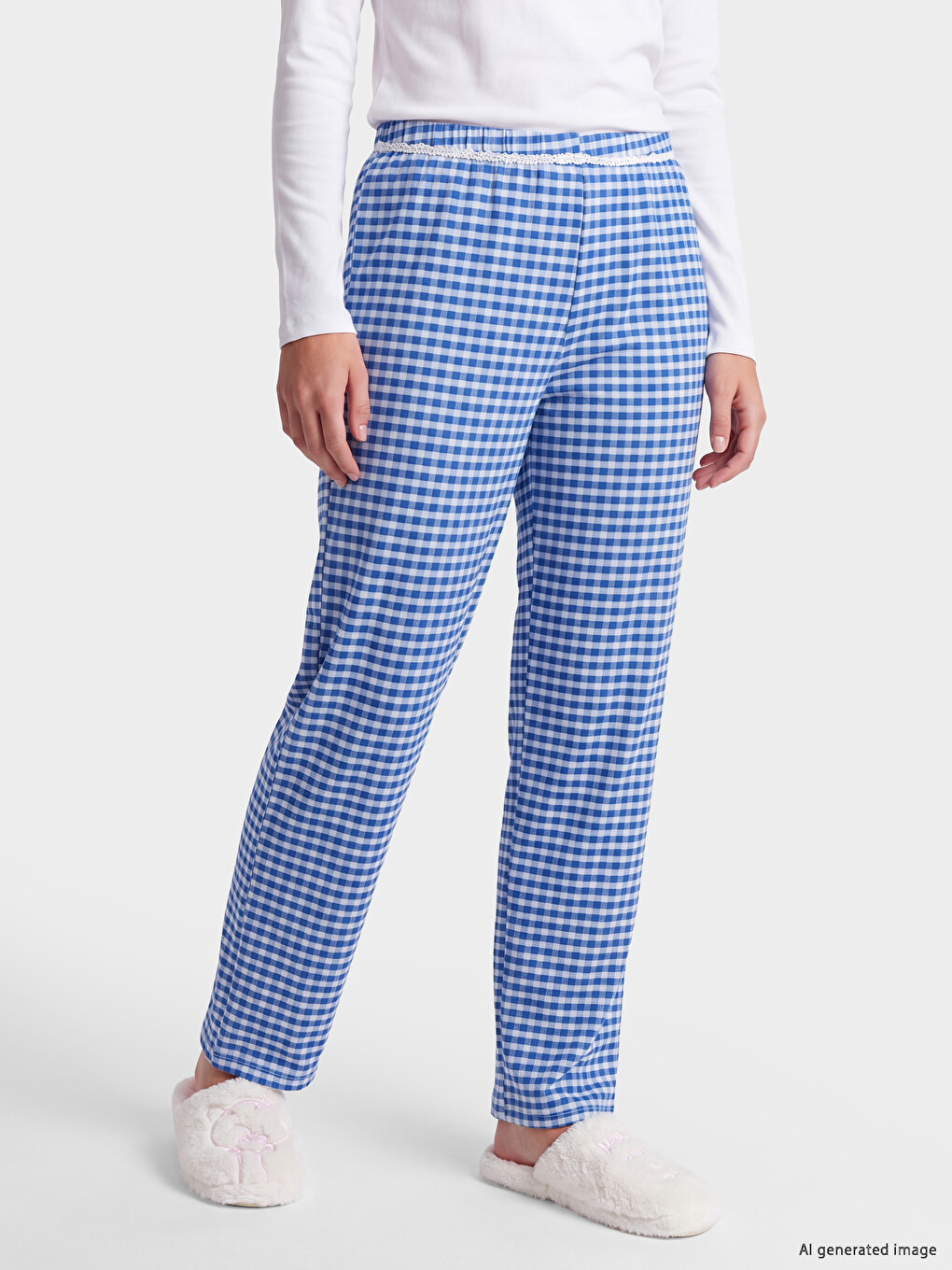 Lacivert Ekose Kadın Pijama Alt-1