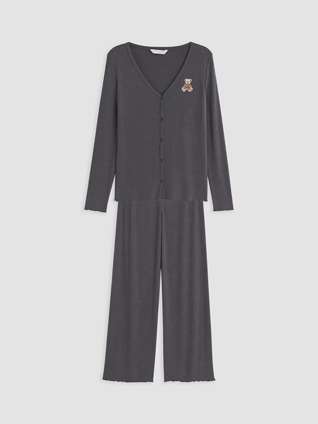 Gri V Yaka Nakışlı Kadın Pijama Takım