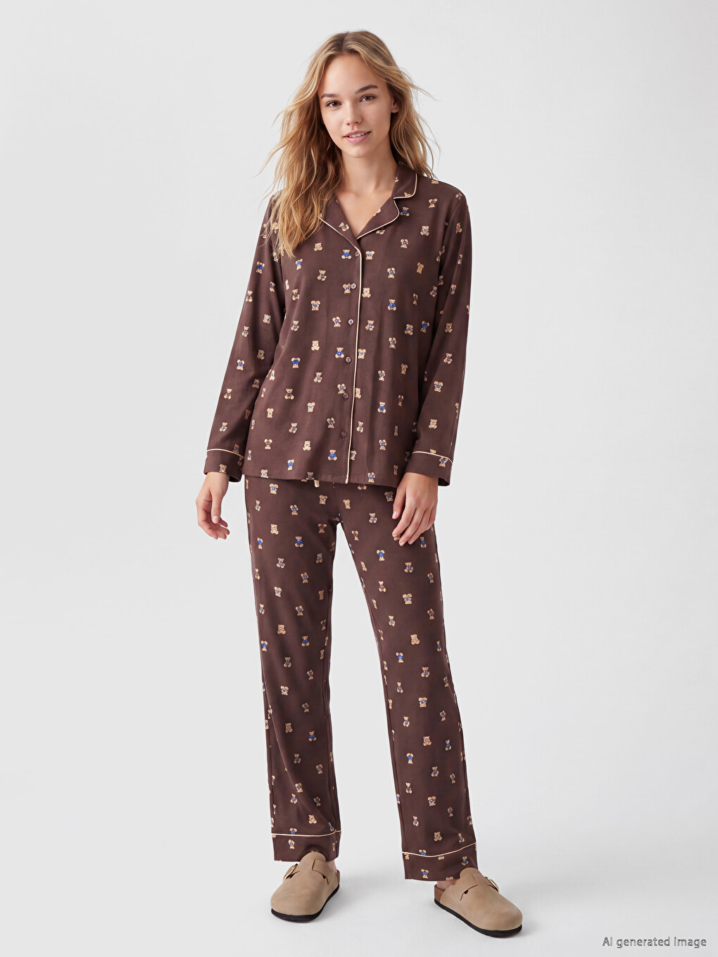 Kahverengi Ayı Desenli Kadın Pijama Takım