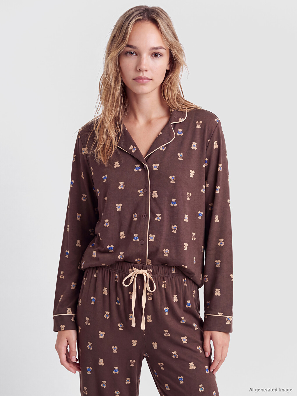 Kahverengi Ayı Desenli Kadın Pijama Takım-1
