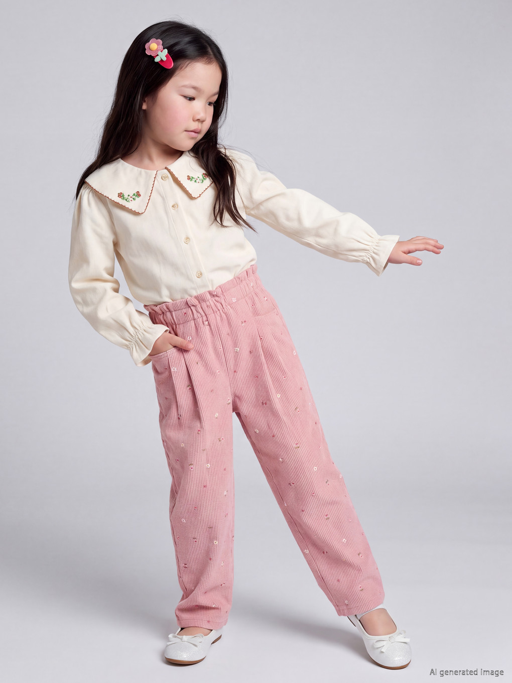 Pembe Regular Fit Çiçekli Kız Çocuk Pantolon-1