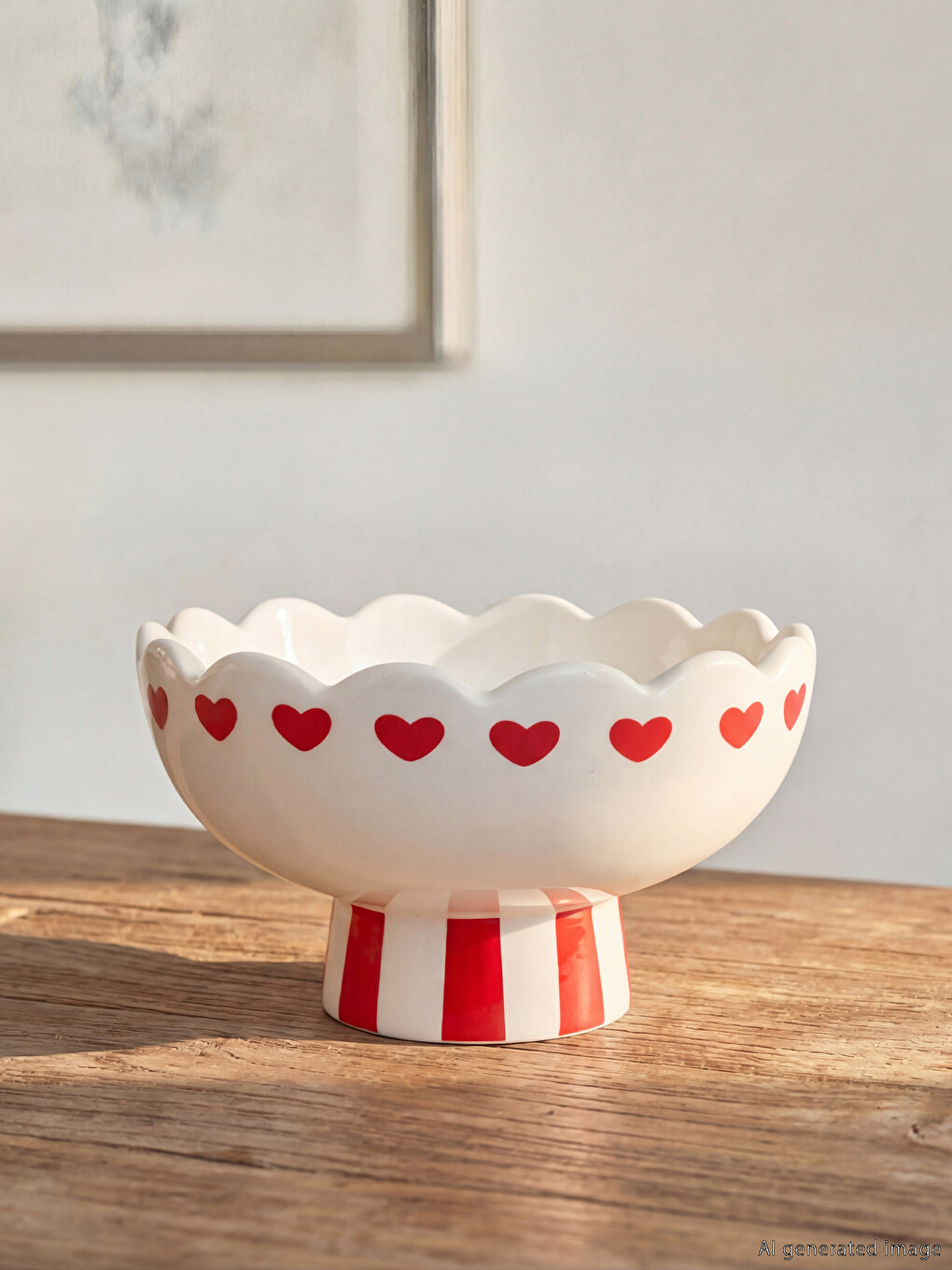 Heart Patterned Striped Footed Ceramic Bowl