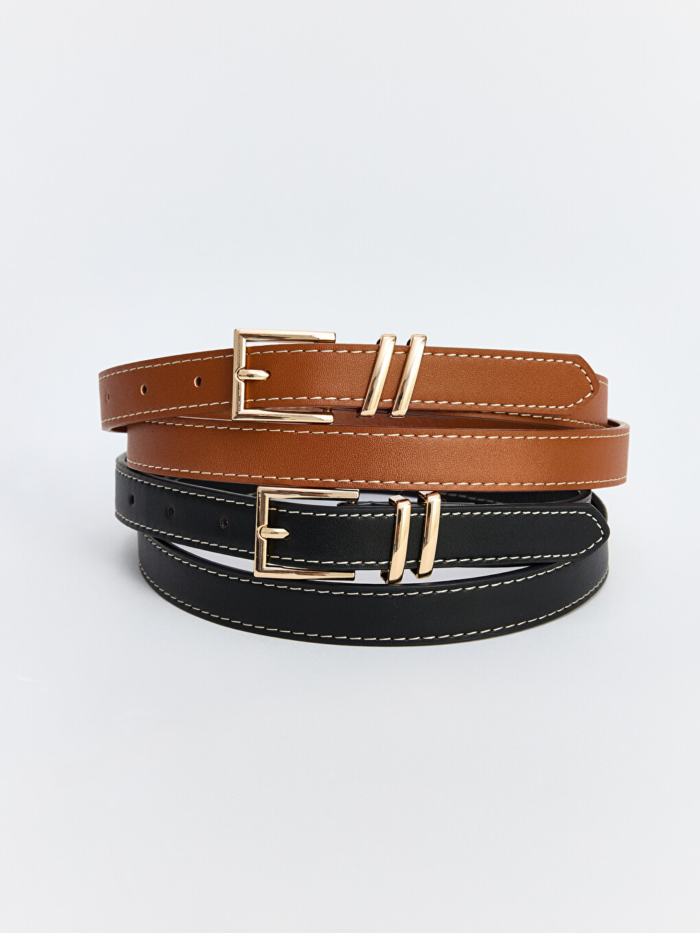 Metal Buckled Stitched Women's Belt 2 Pack